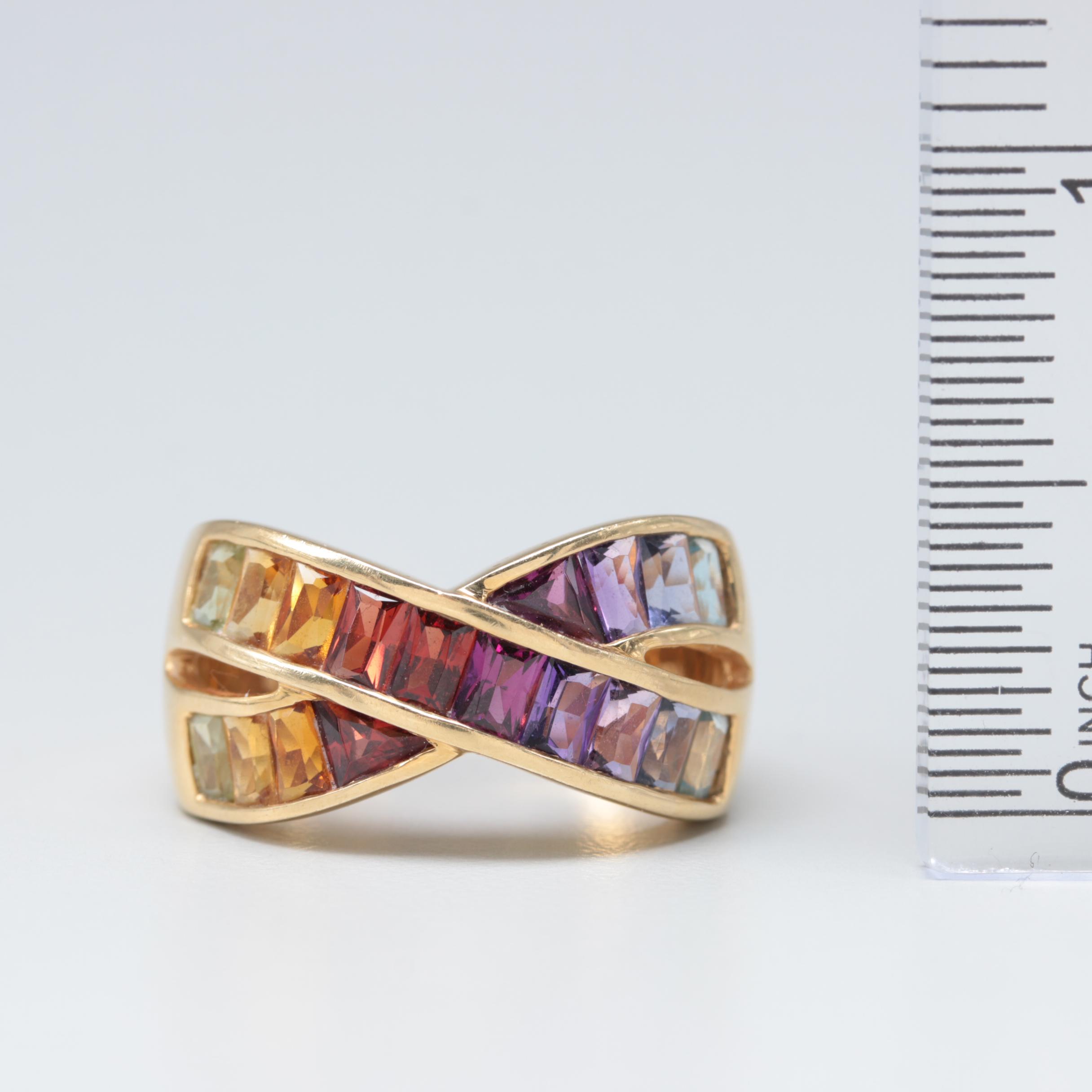 18K Yellow Gold Crisscross Ring with Amethyst and Garnet