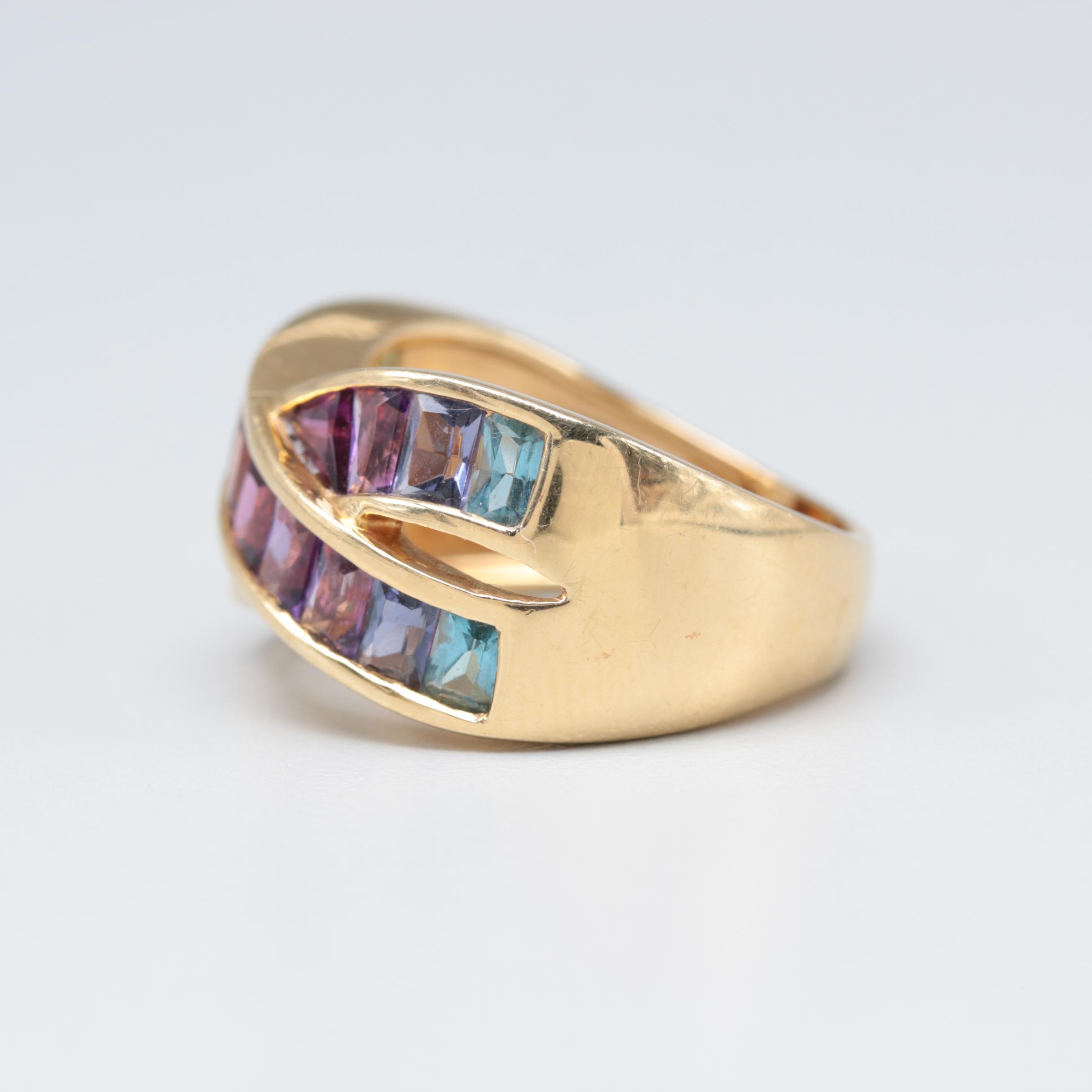 18K Yellow Gold Crisscross Ring with Amethyst and Garnet