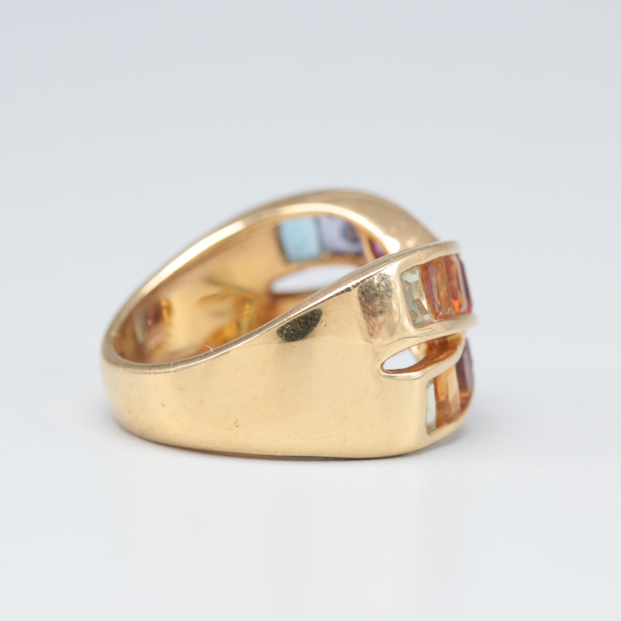 18K Yellow Gold Crisscross Ring with Amethyst and Garnet