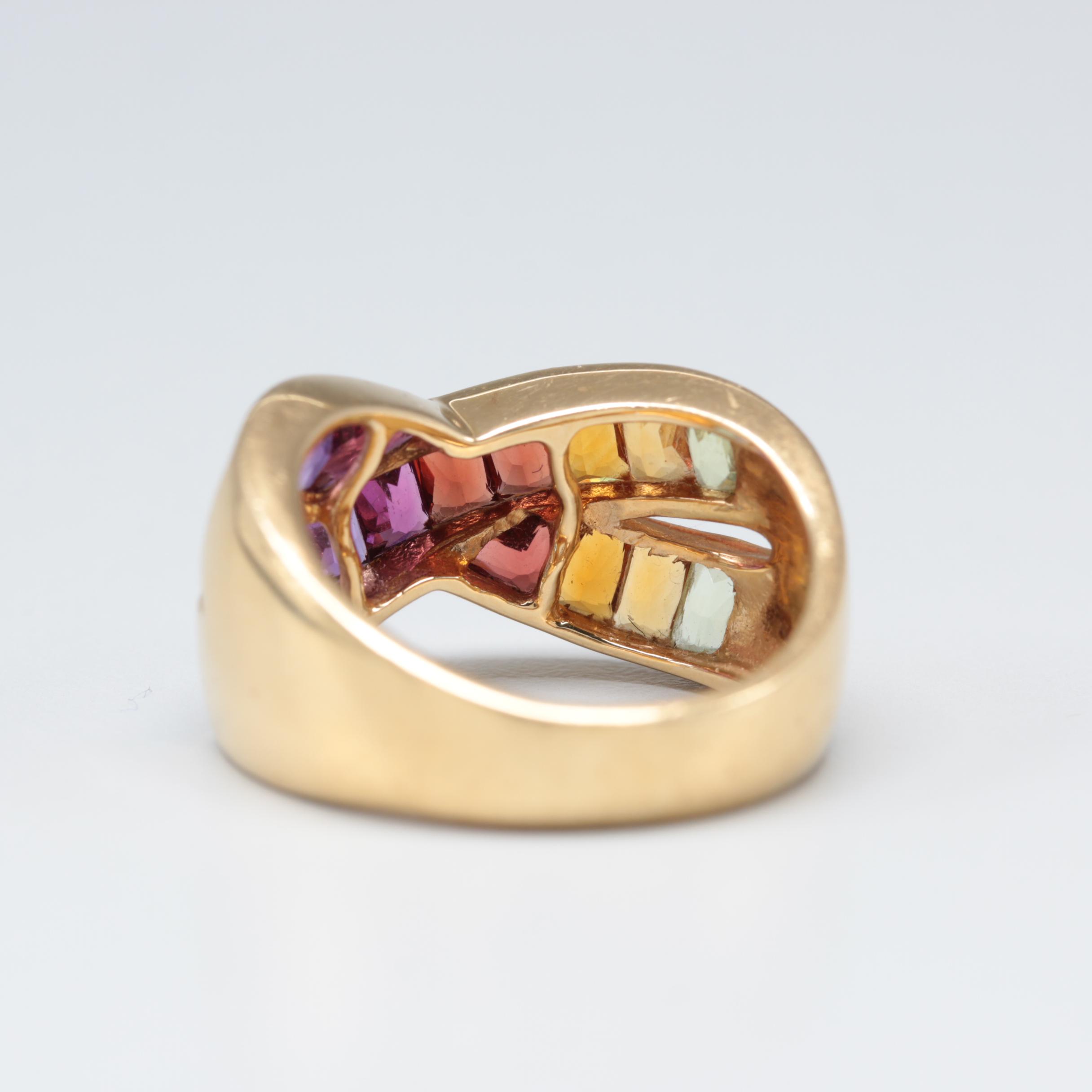 18K Yellow Gold Crisscross Ring with Amethyst and Garnet