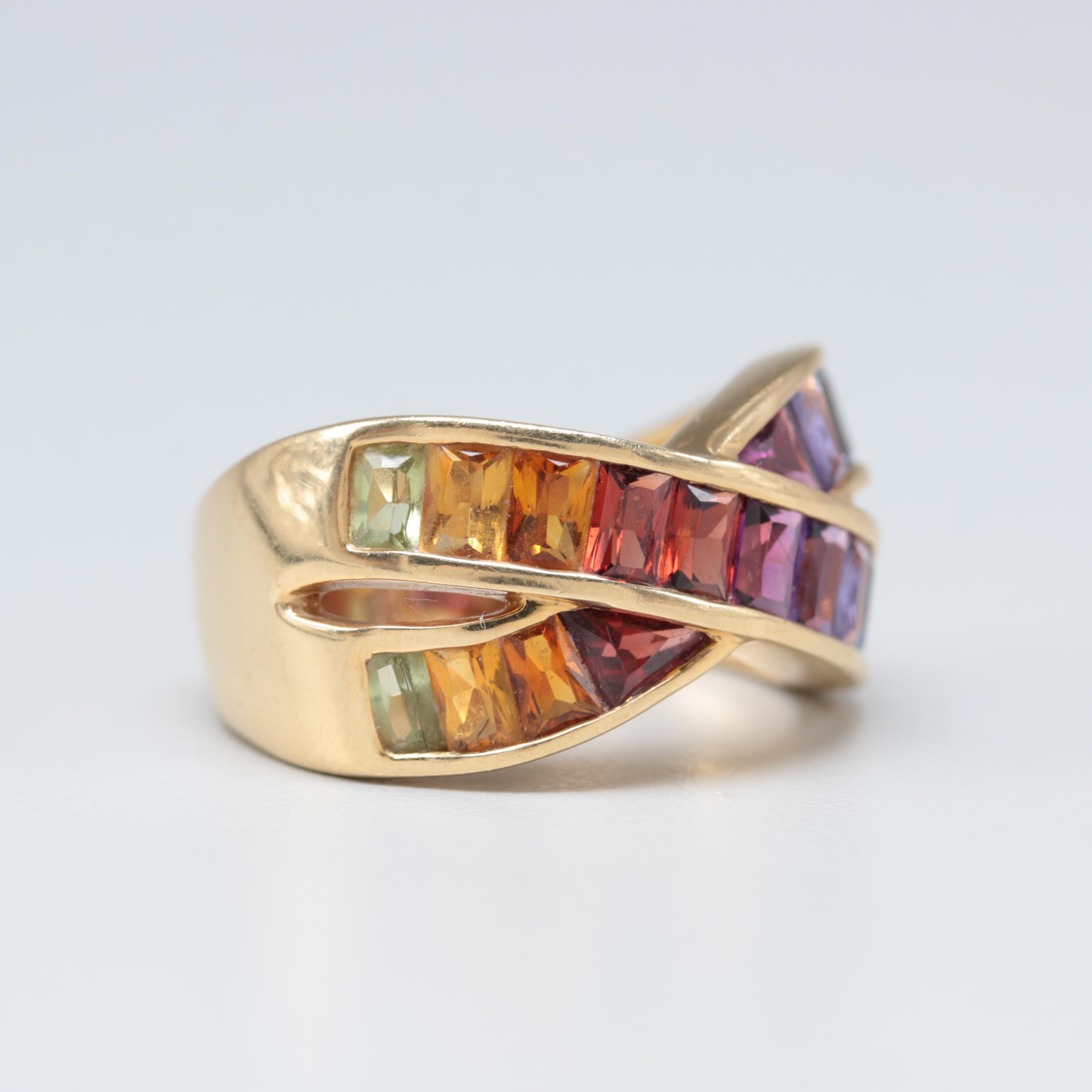 18K Yellow Gold Crisscross Ring with Amethyst and Garnet