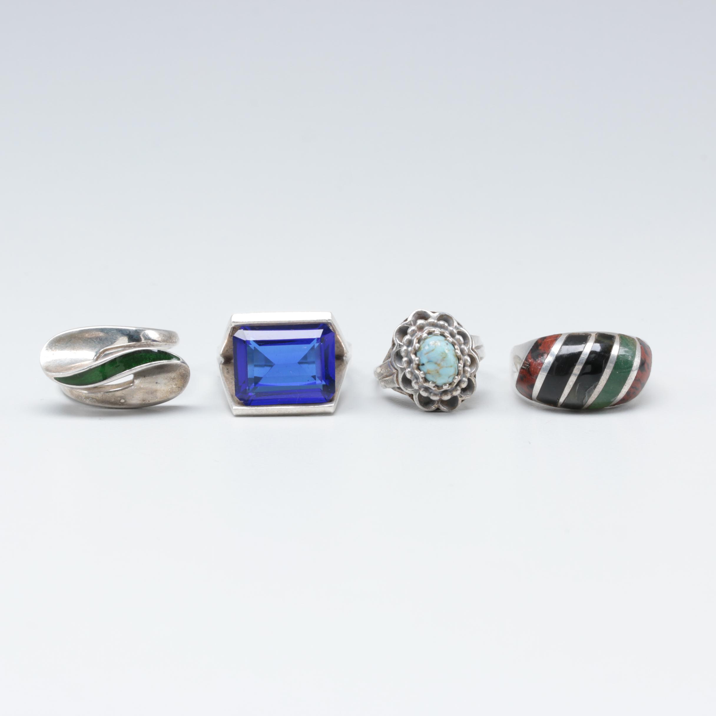 Sterling Silver Rings with Enamel and Imitation Turquoise