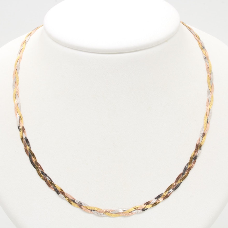 14K Tri-Color Gold Herring Bone Braided Necklace