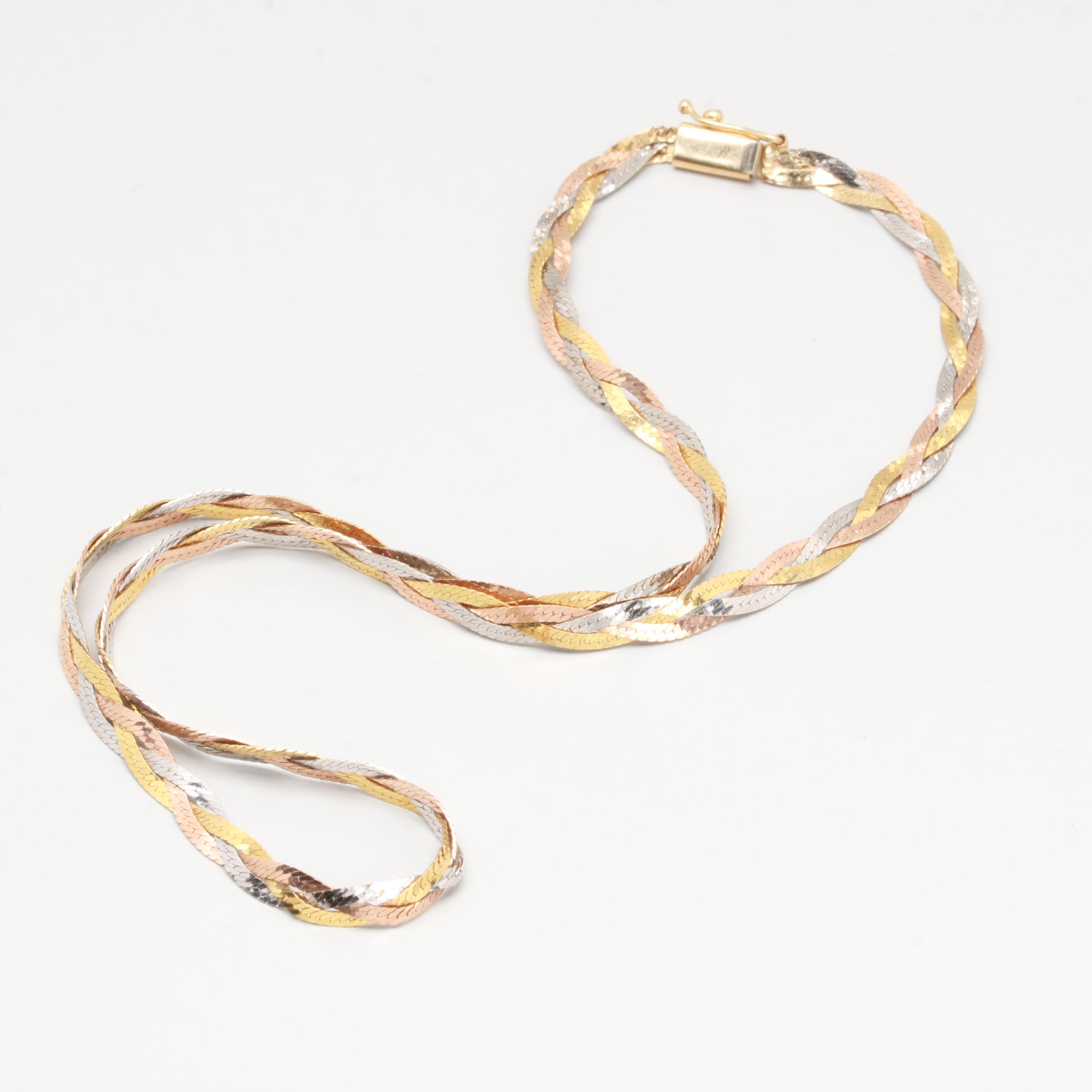 14K Tri-Color Gold Herring Bone Braided Necklace