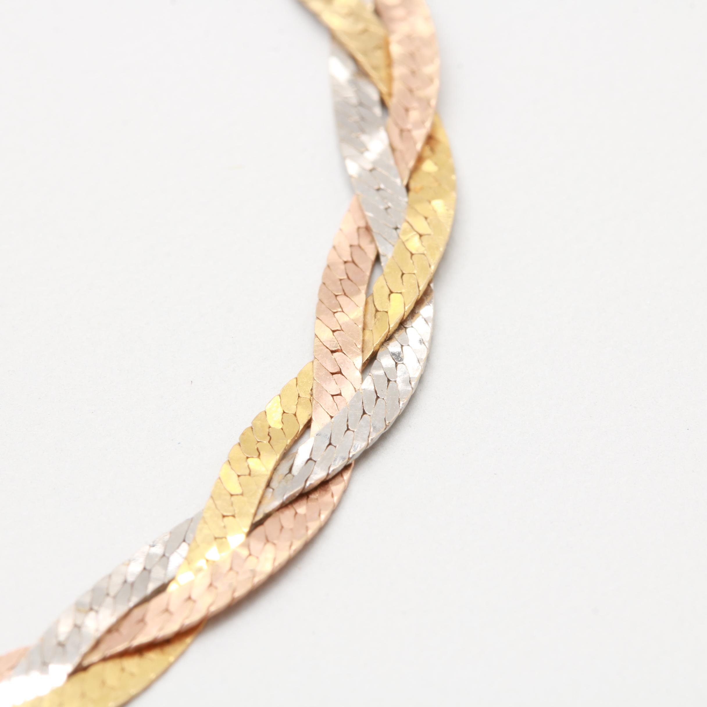 14K Tri-Color Gold Herring Bone Braided Necklace