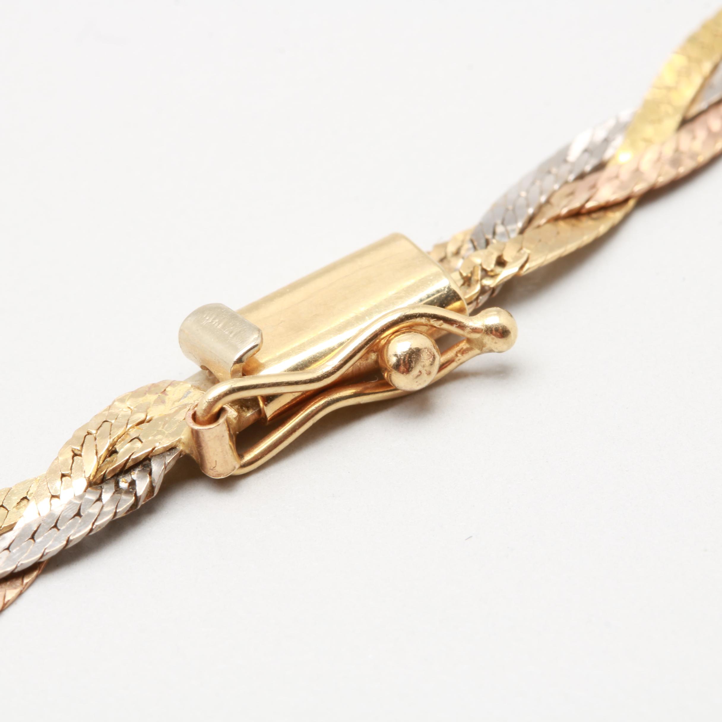 14K Tri-Color Gold Herring Bone Braided Necklace