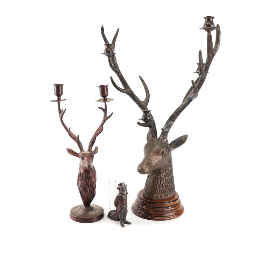 Metal Stag Head Candelabras with Fox Bud Vase