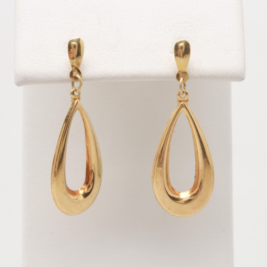 14K Yellow Gold Elongated Oval Dangle Earrings