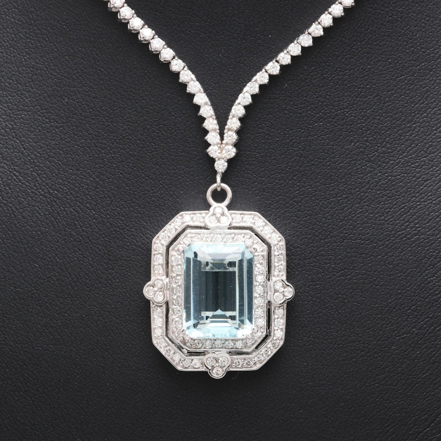 14K and 18K White Gold 7.75 CT Aquamarine and 4.11 CTW Diamond Necklace