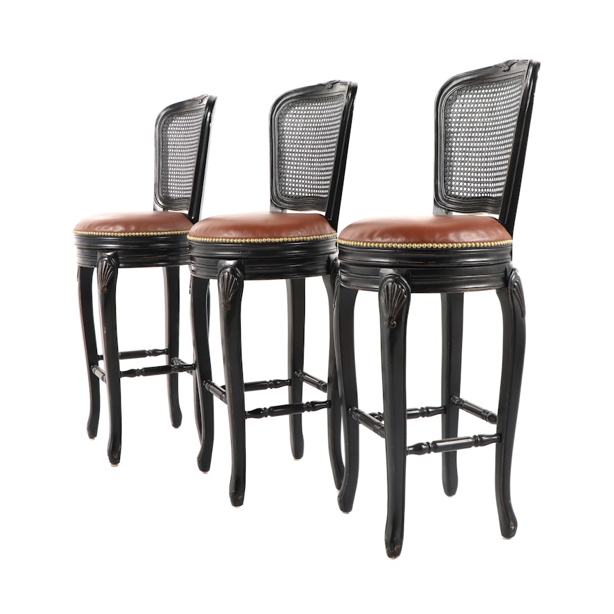 French Provincial Style Cane Back Swivel Barstools, 21st Century