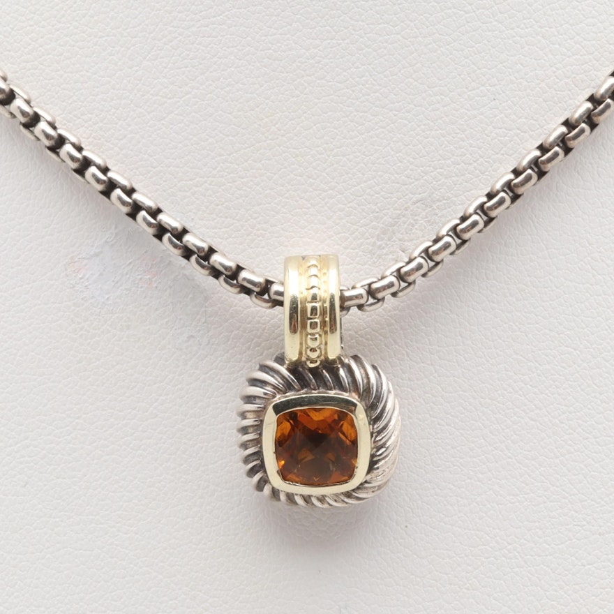 David Yurman Sterling Silver Citrine Necklace with 14K Yellow Gold Accents