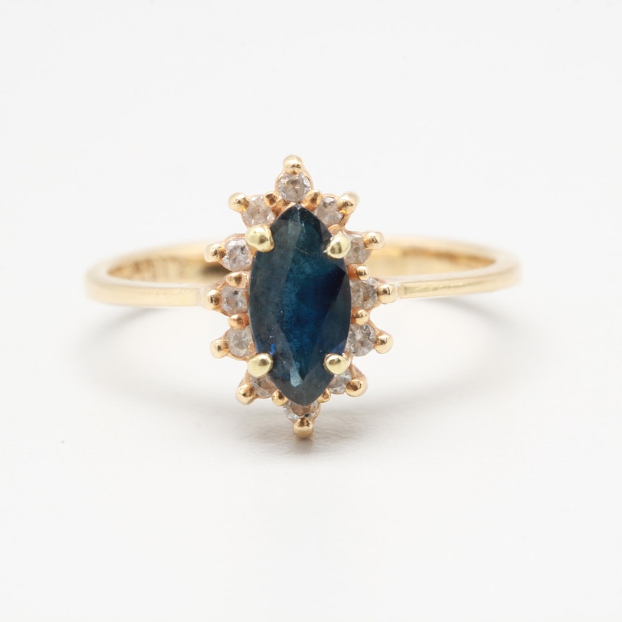 14K Yellow Gold Blue Sapphire and Diamond Halo Ring