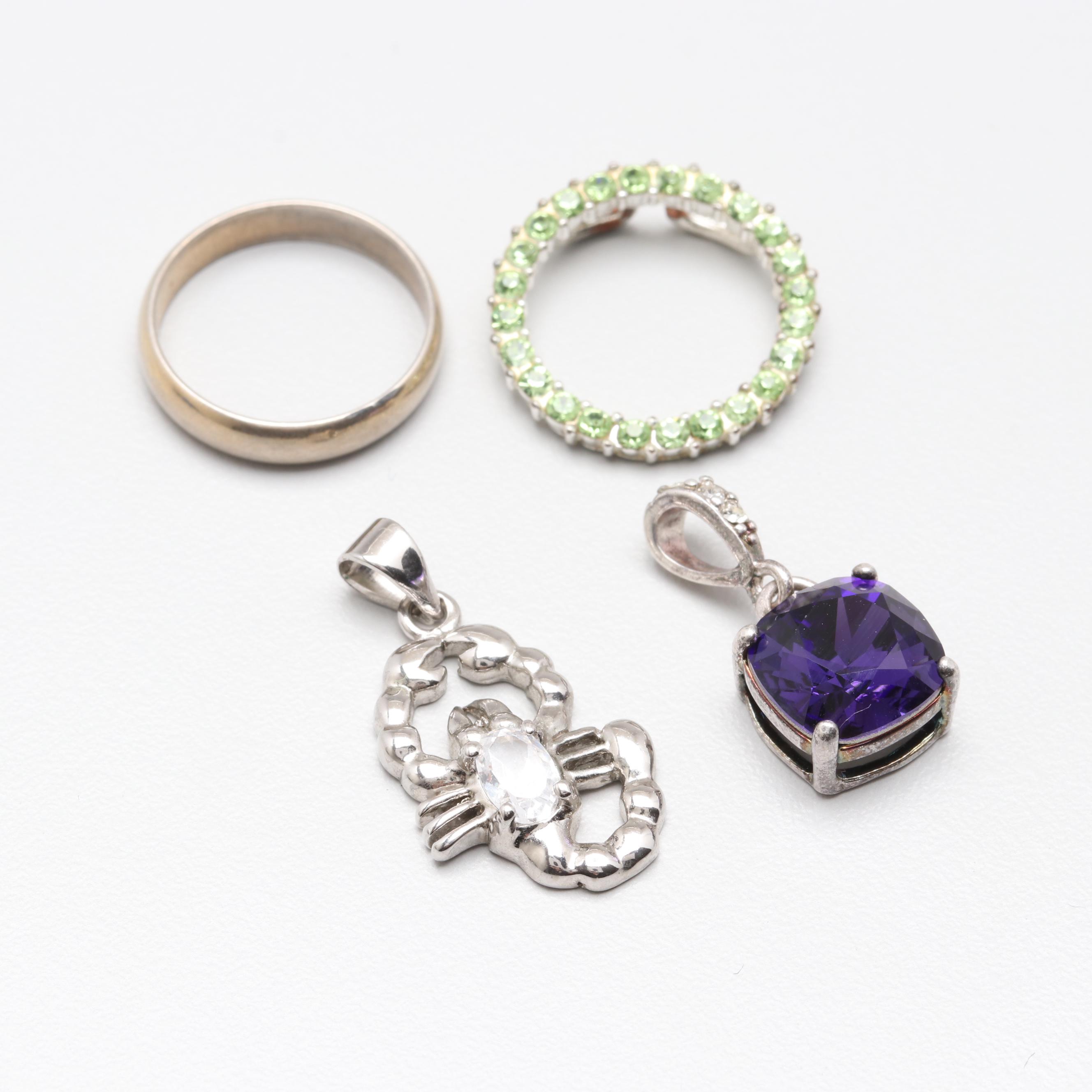 Silver Tone Glass Pendants and Ring