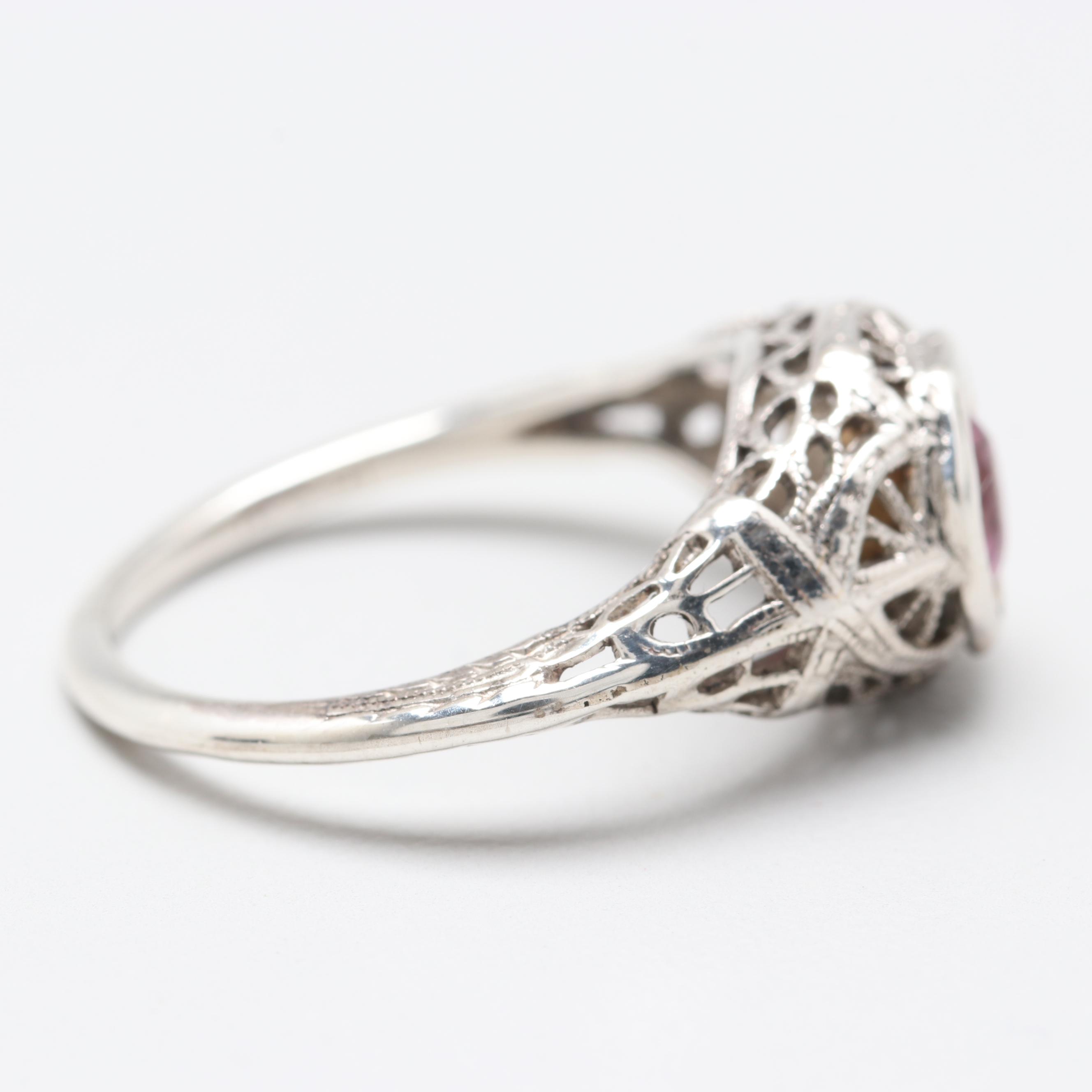 Sterling Silver Pink Glass Filigree Ring