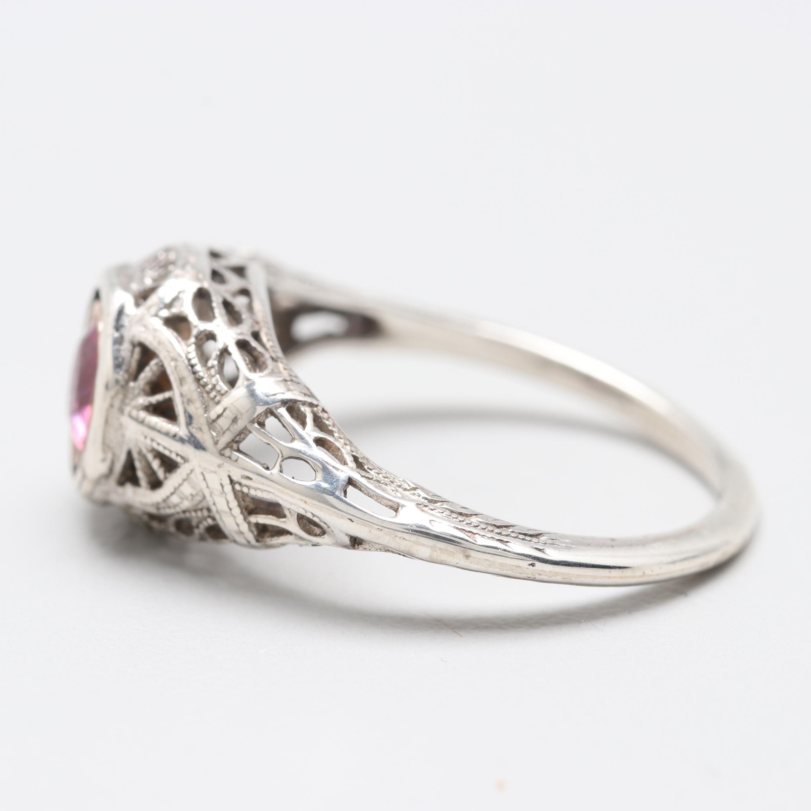 Sterling Silver Pink Glass Filigree Ring
