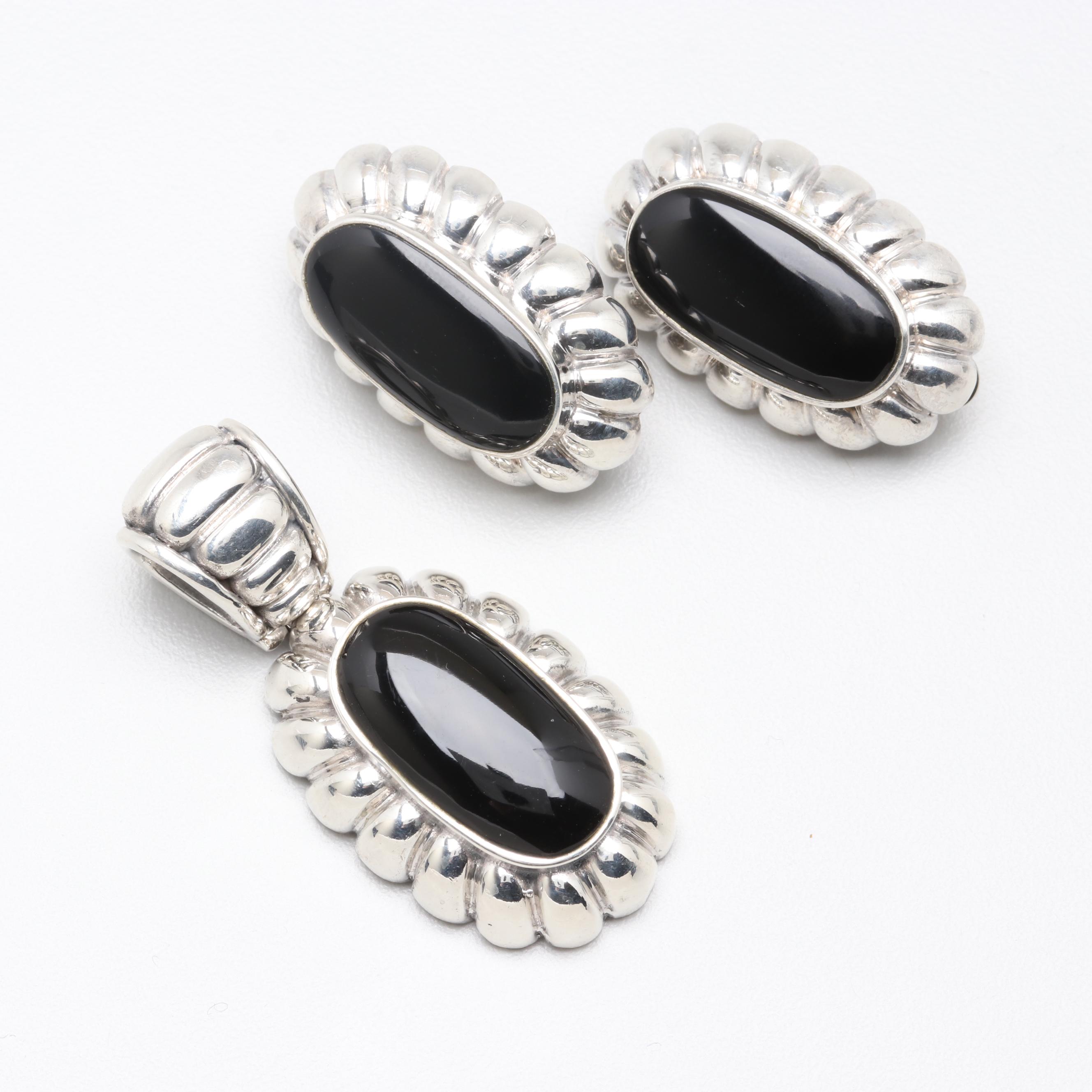 Sterling Silver Black Onyx Pendant and Earrings