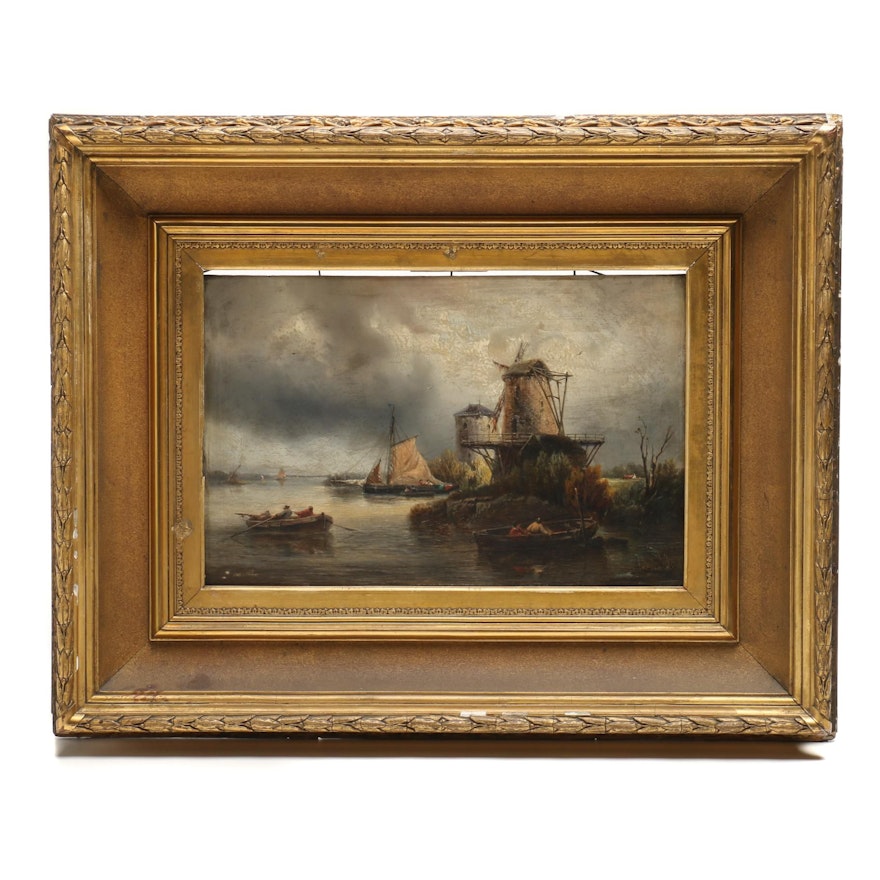 Late 19th Century Dutch Oil Painting of River Scene with Windmills