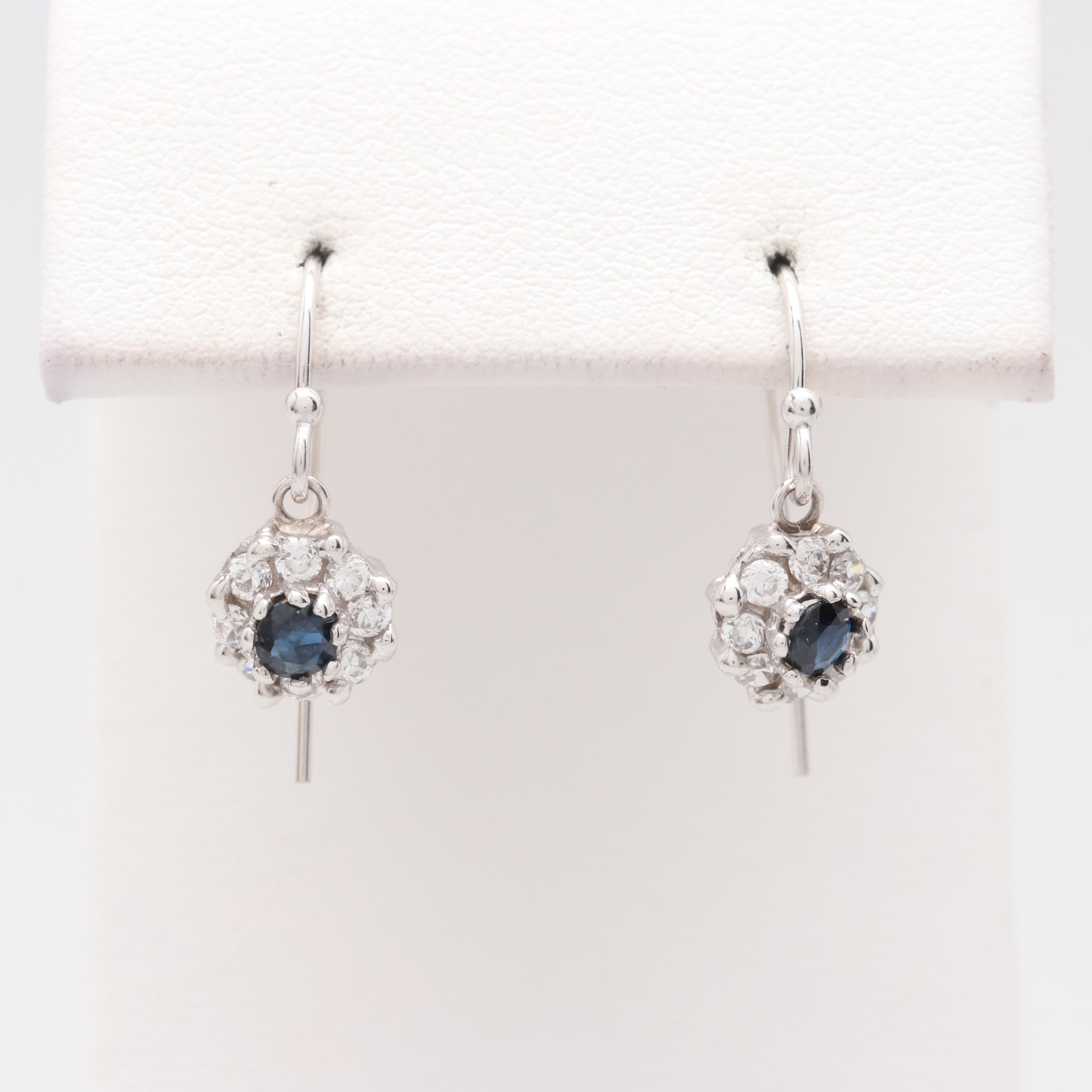 14K White Gold Blue Sapphire and Cubic Zirconia Floral Dangle Earrings