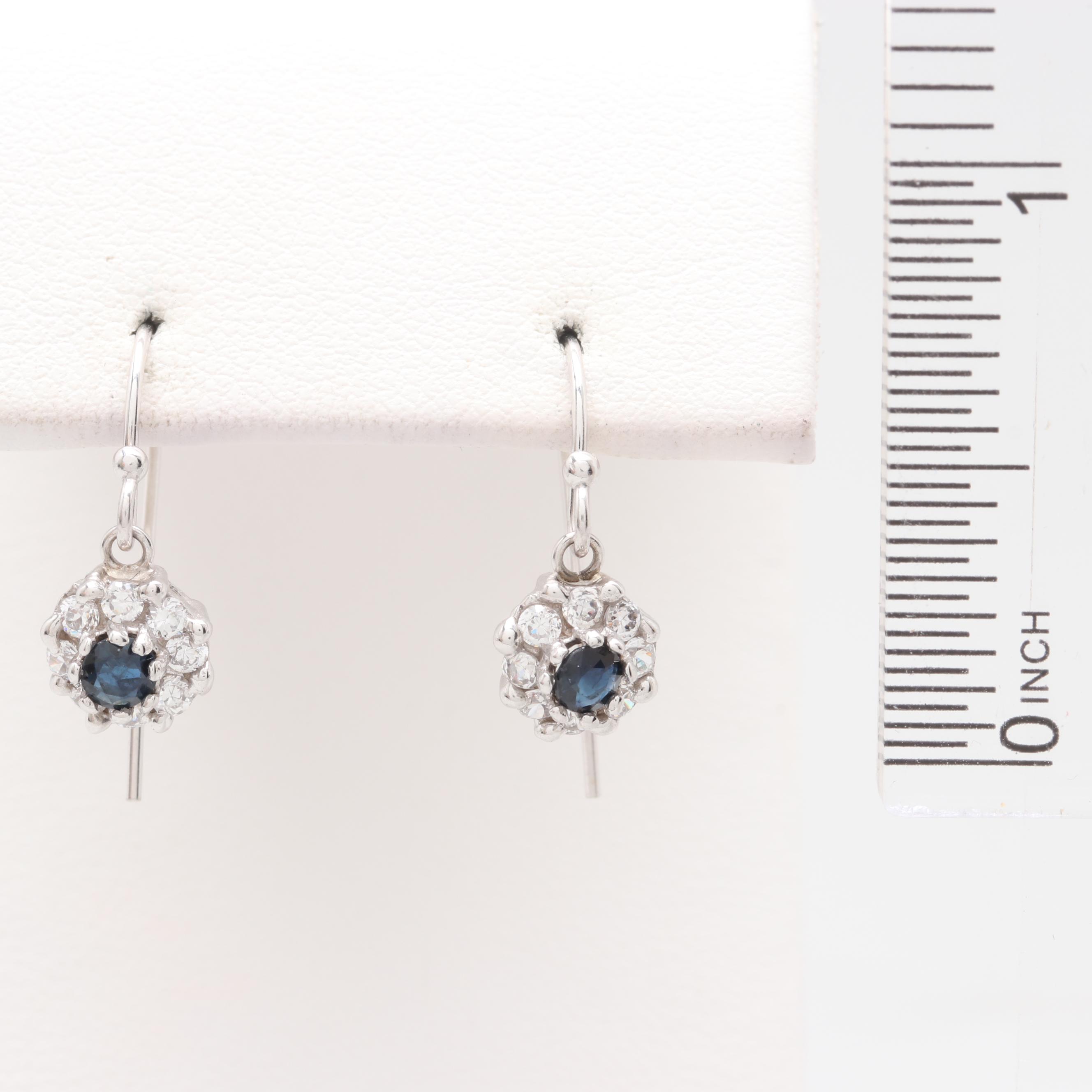 14K White Gold Blue Sapphire and Cubic Zirconia Floral Dangle Earrings