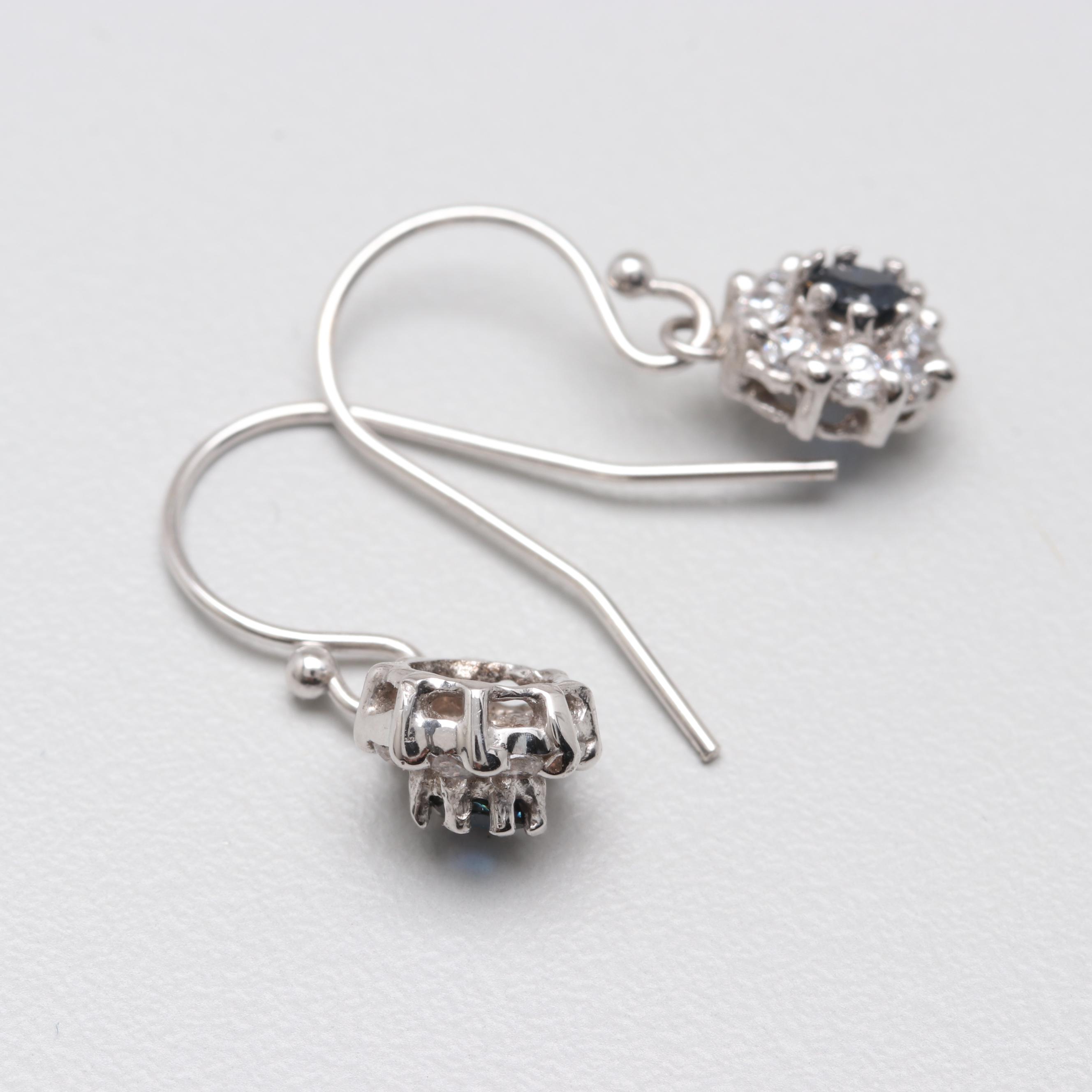14K White Gold Blue Sapphire and Cubic Zirconia Floral Dangle Earrings