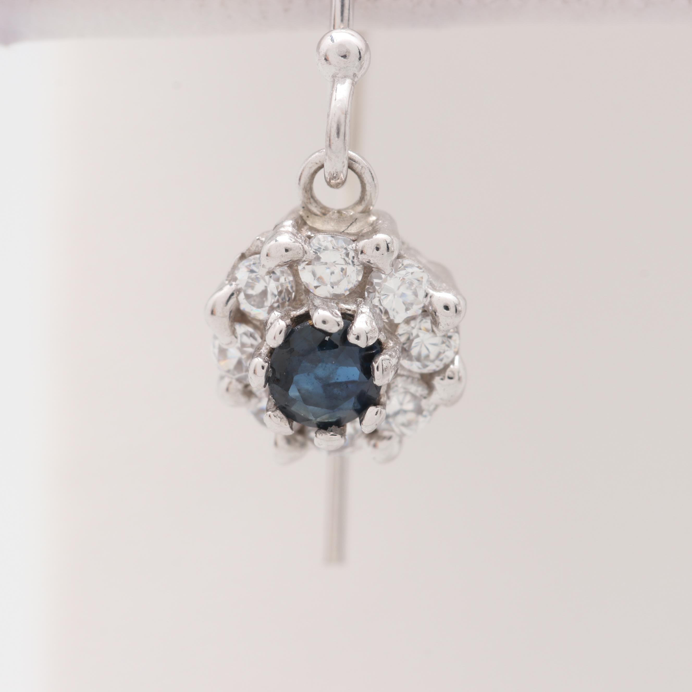 14K White Gold Blue Sapphire and Cubic Zirconia Floral Dangle Earrings