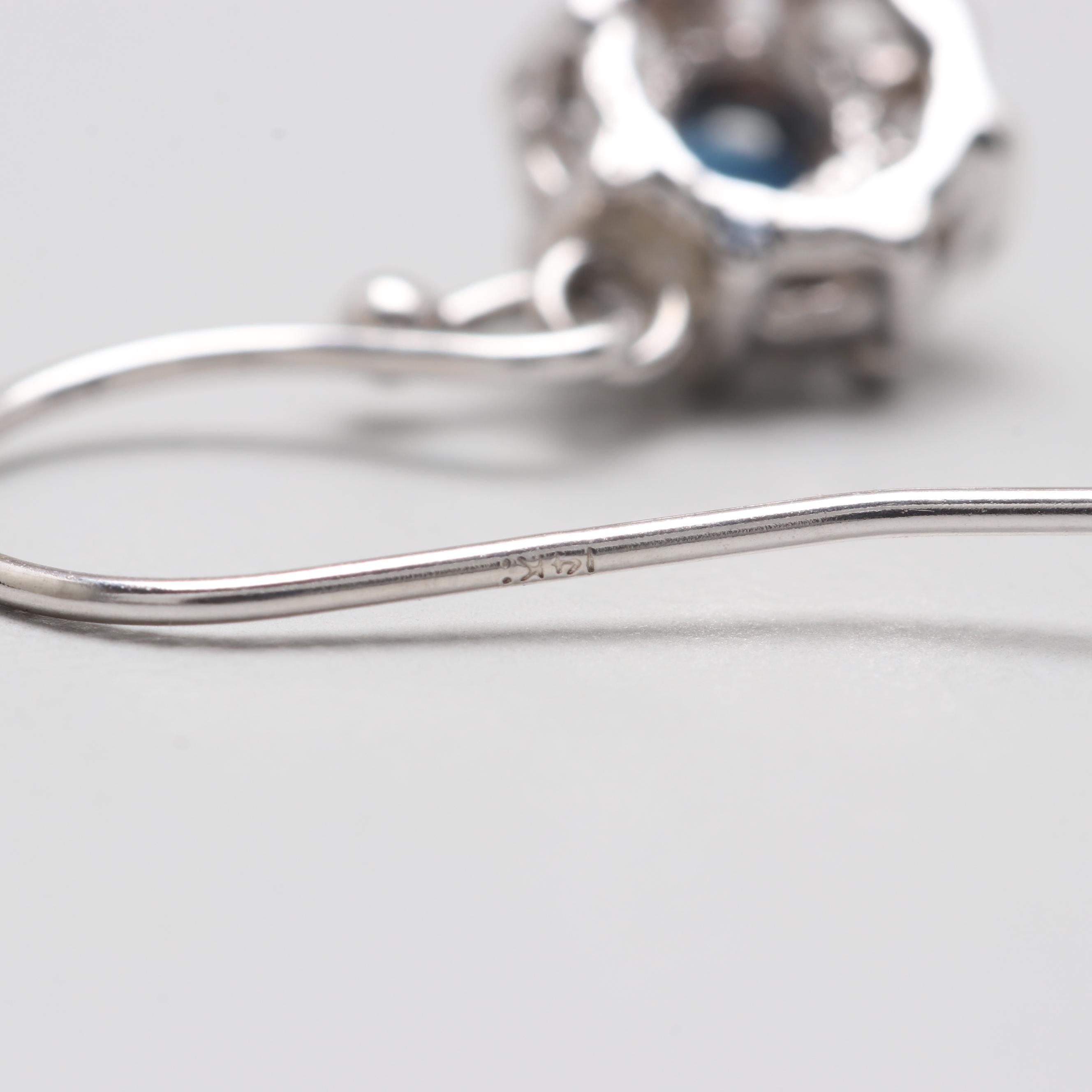 14K White Gold Blue Sapphire and Cubic Zirconia Floral Dangle Earrings