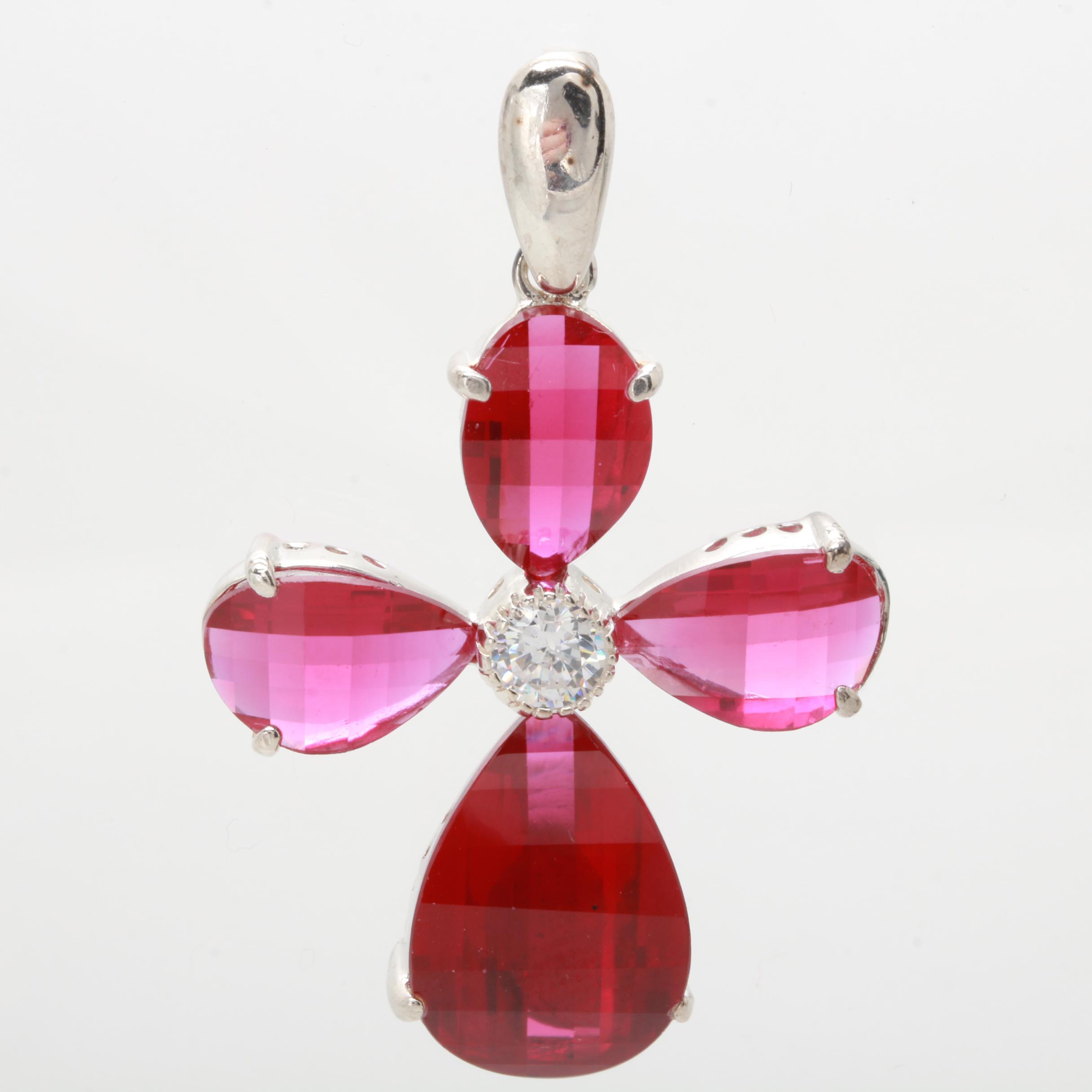 Sterling Silver Cubic Zirconia and Synthetic Ruby Pendant