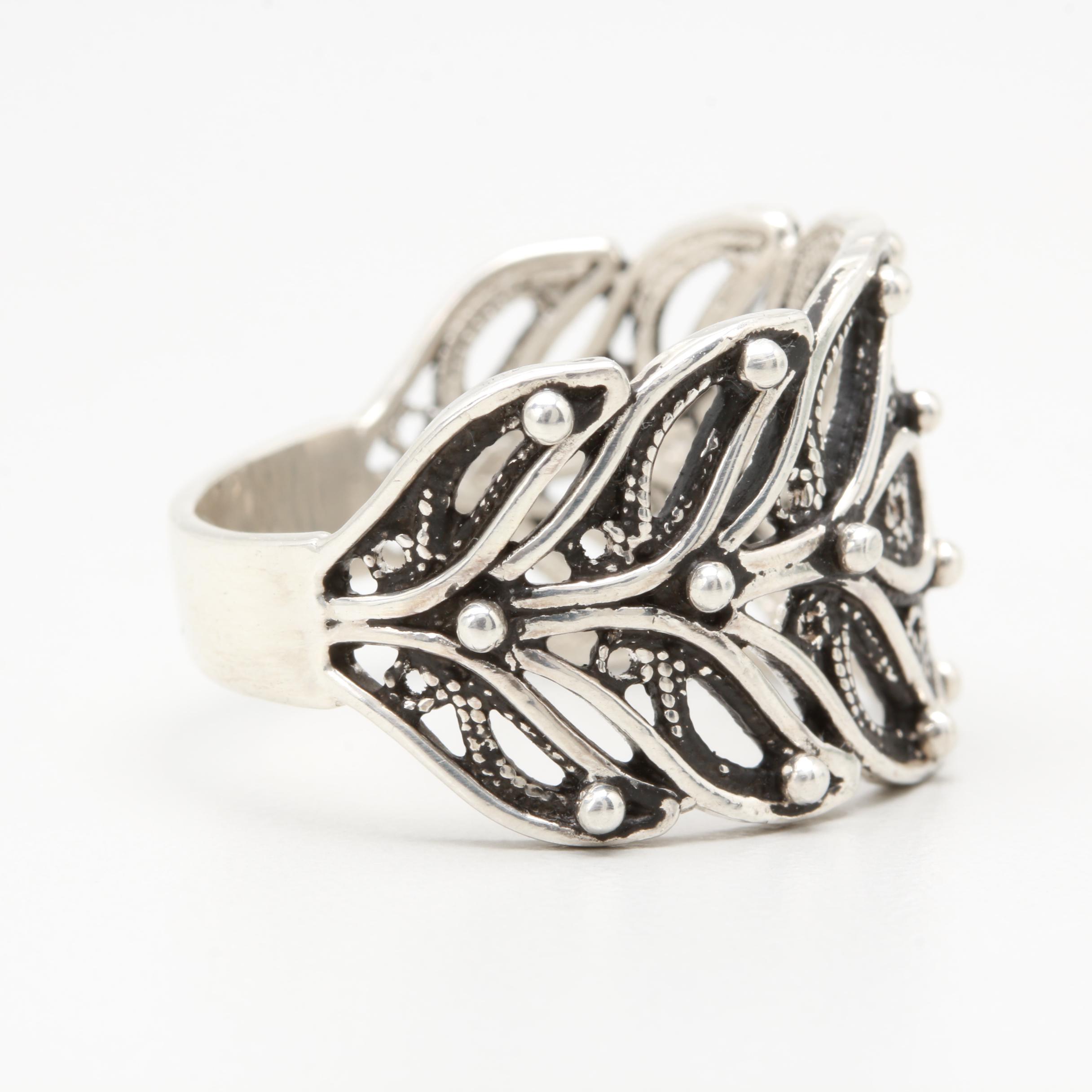 Sterling Silver Openwork Textured Foliate Ring