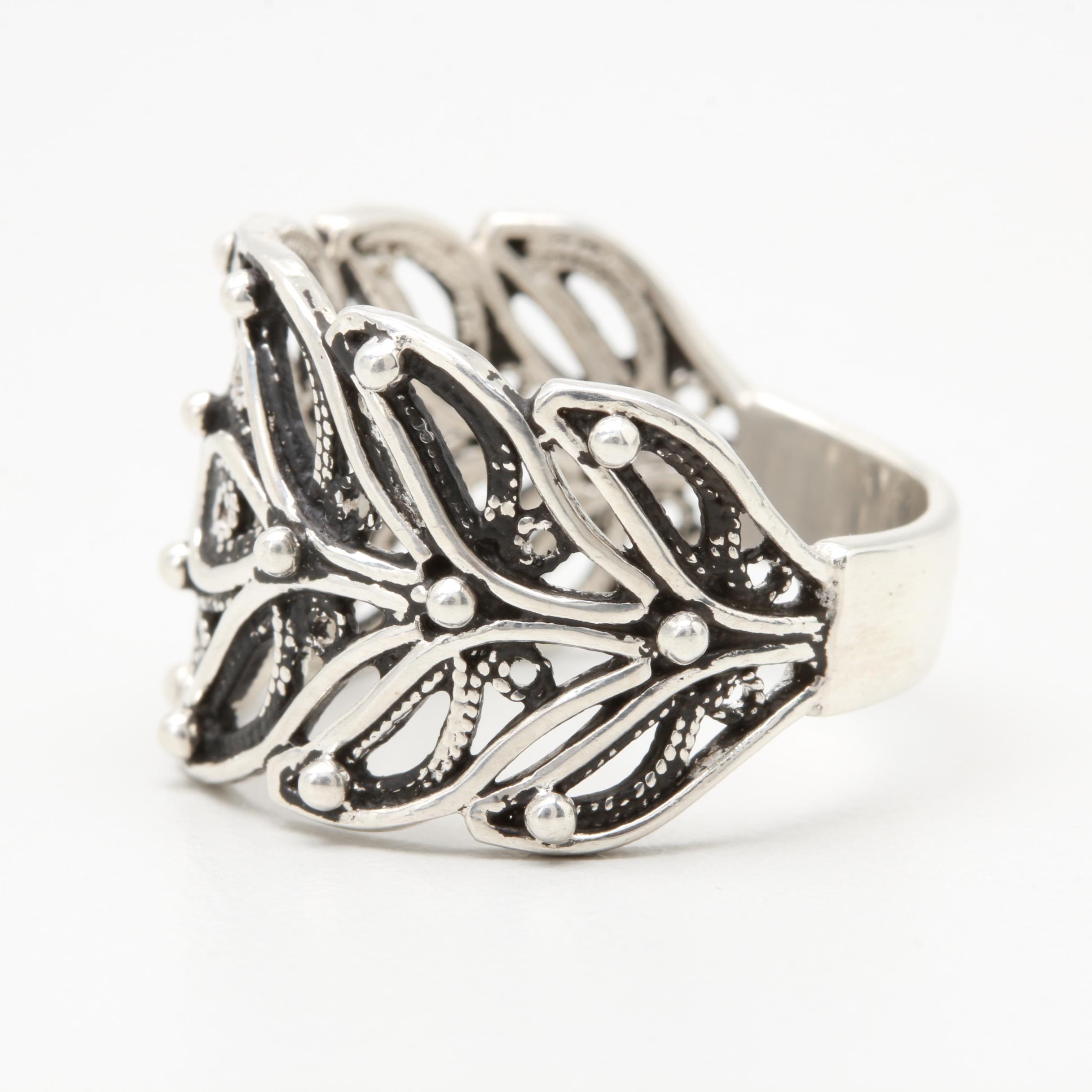 Sterling Silver Openwork Textured Foliate Ring
