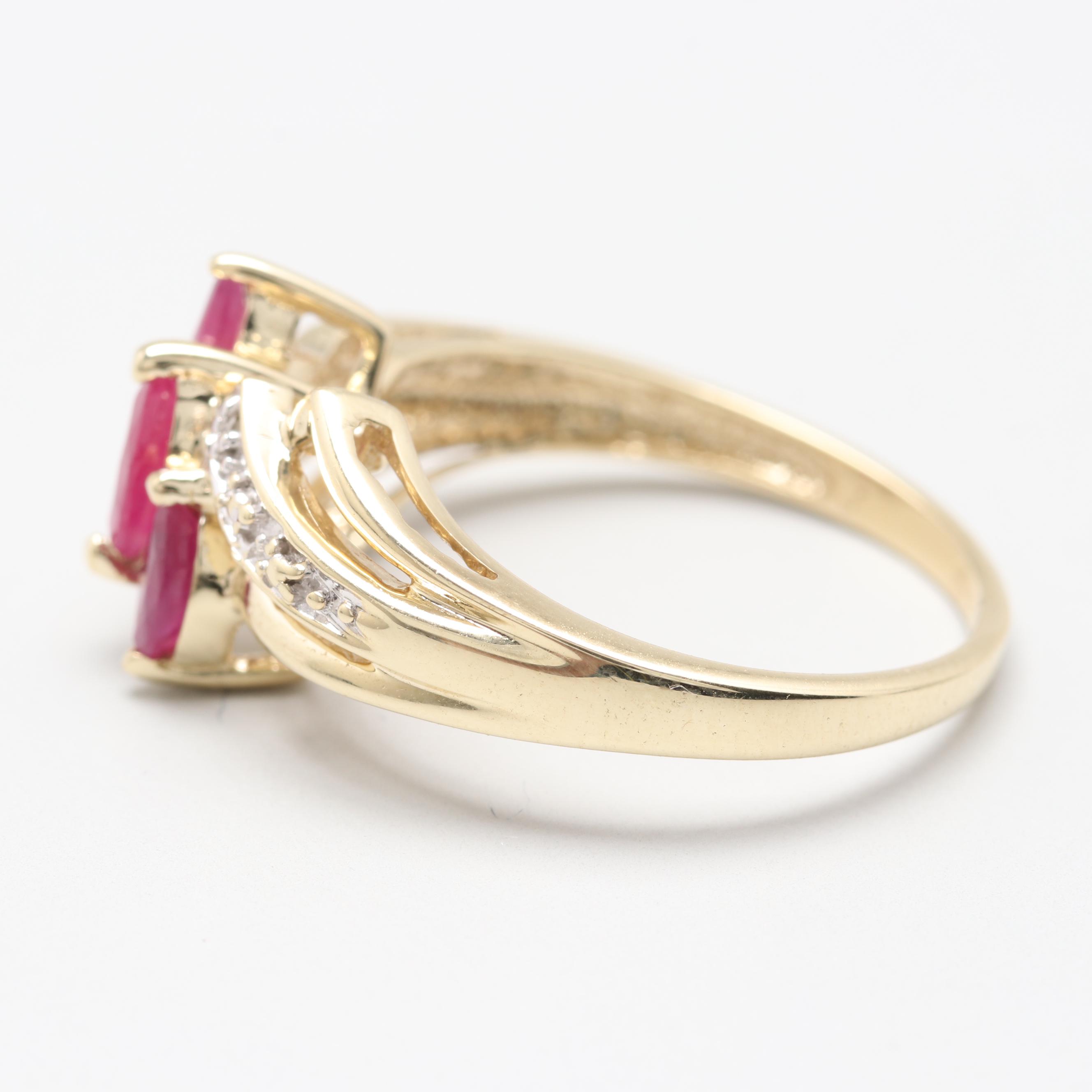 10K Yellow Gold Synthetic Ruby and Diamond Ring