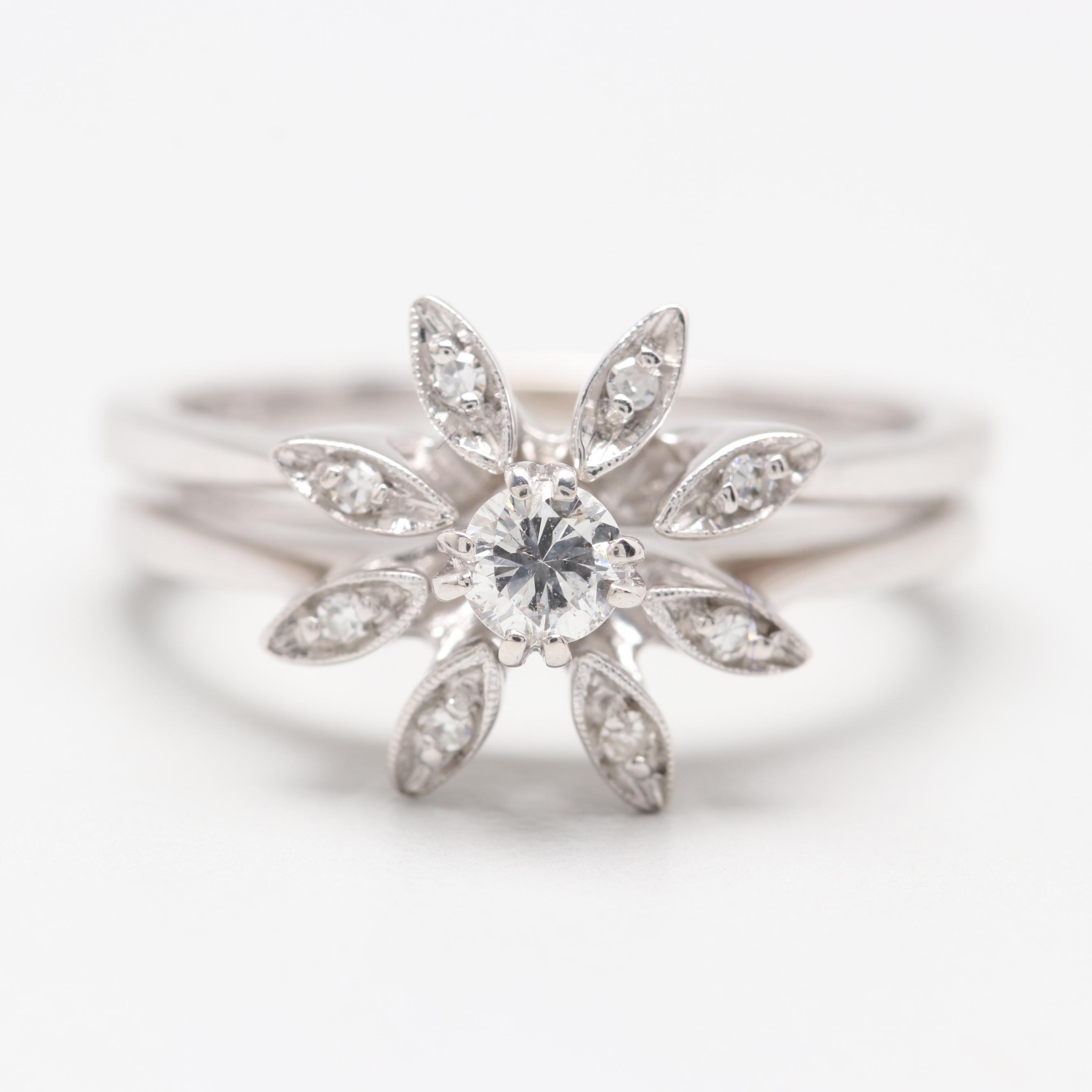 14K White Gold Diamond Interlocking Floral Ring Set
