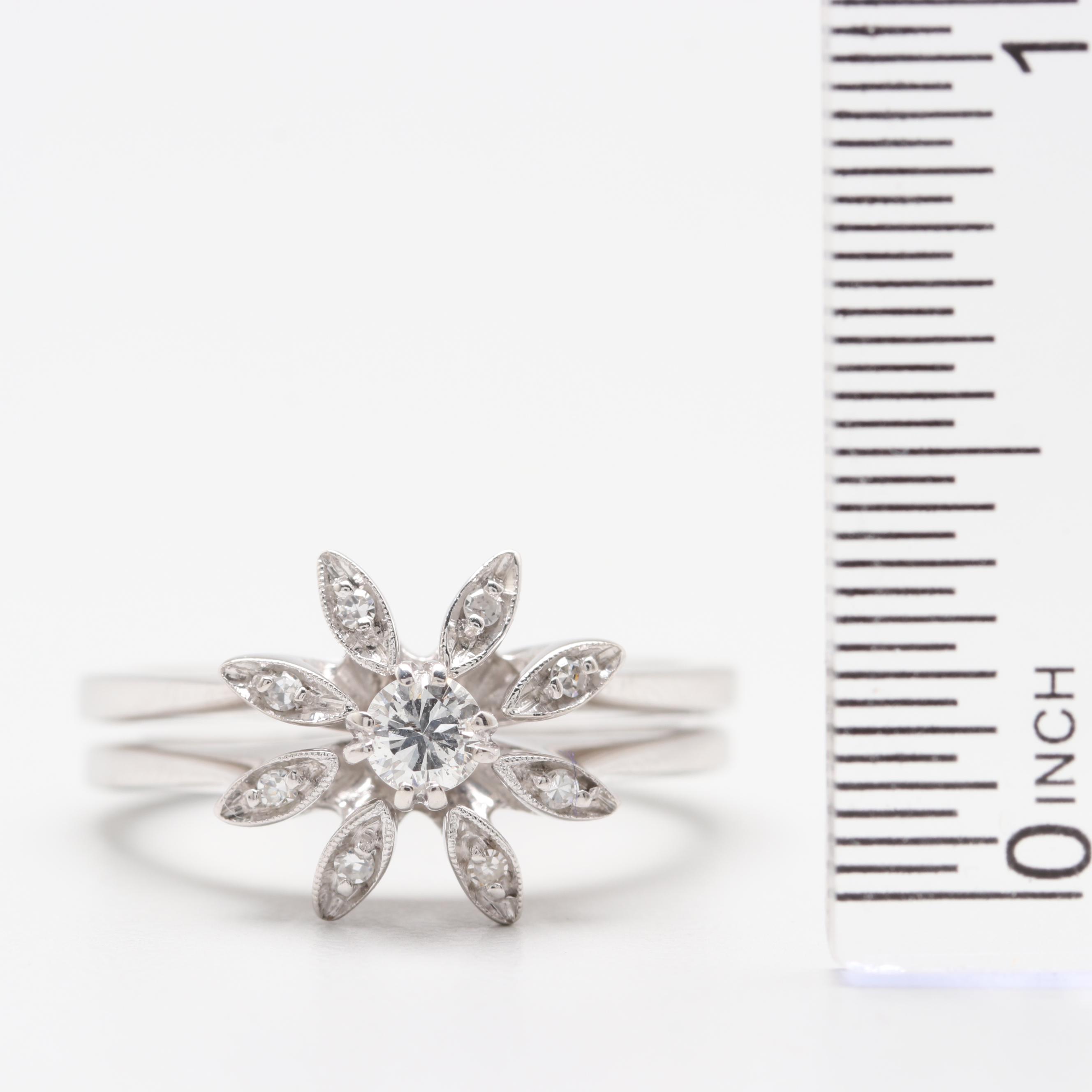 14K White Gold Diamond Interlocking Floral Ring Set