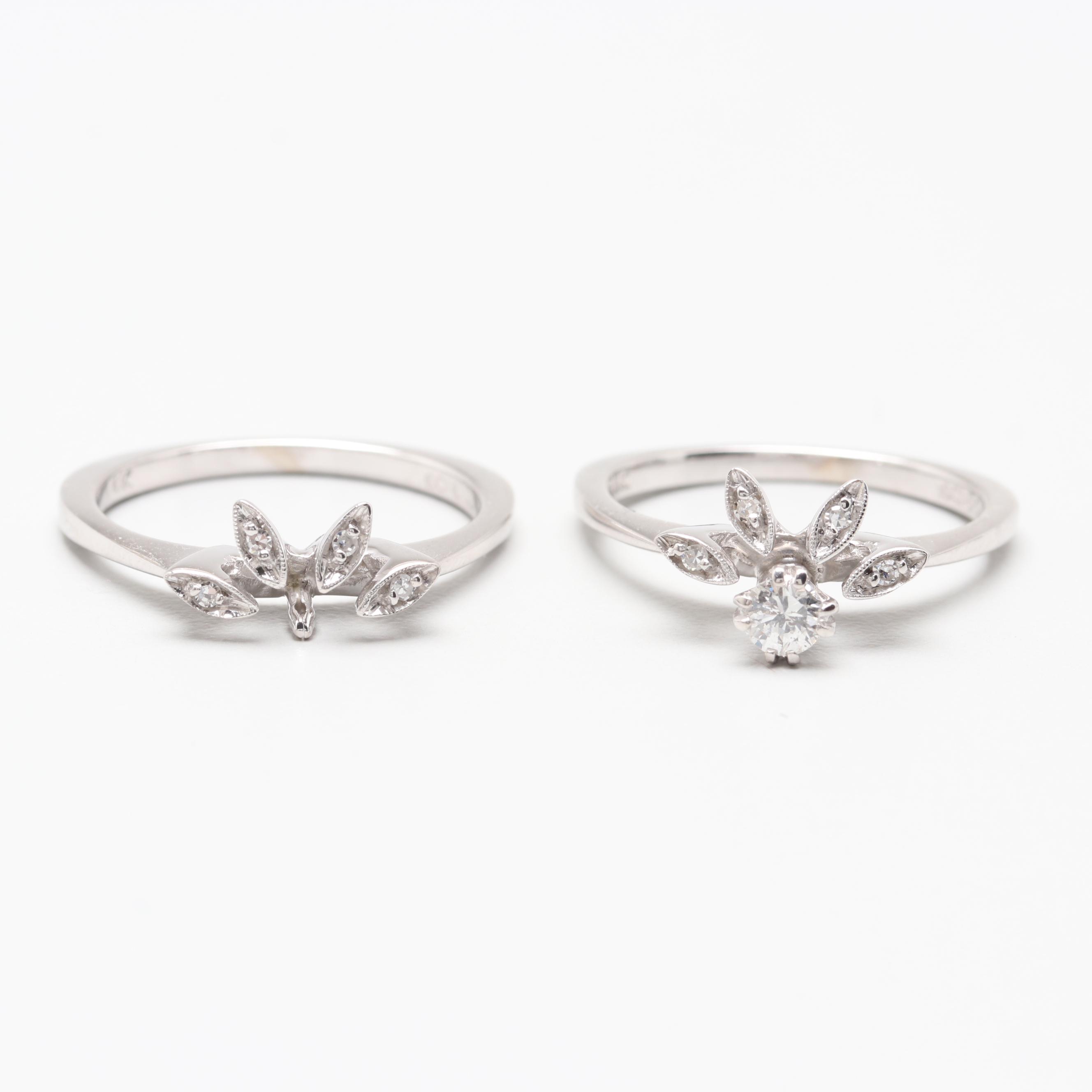 14K White Gold Diamond Interlocking Floral Ring Set