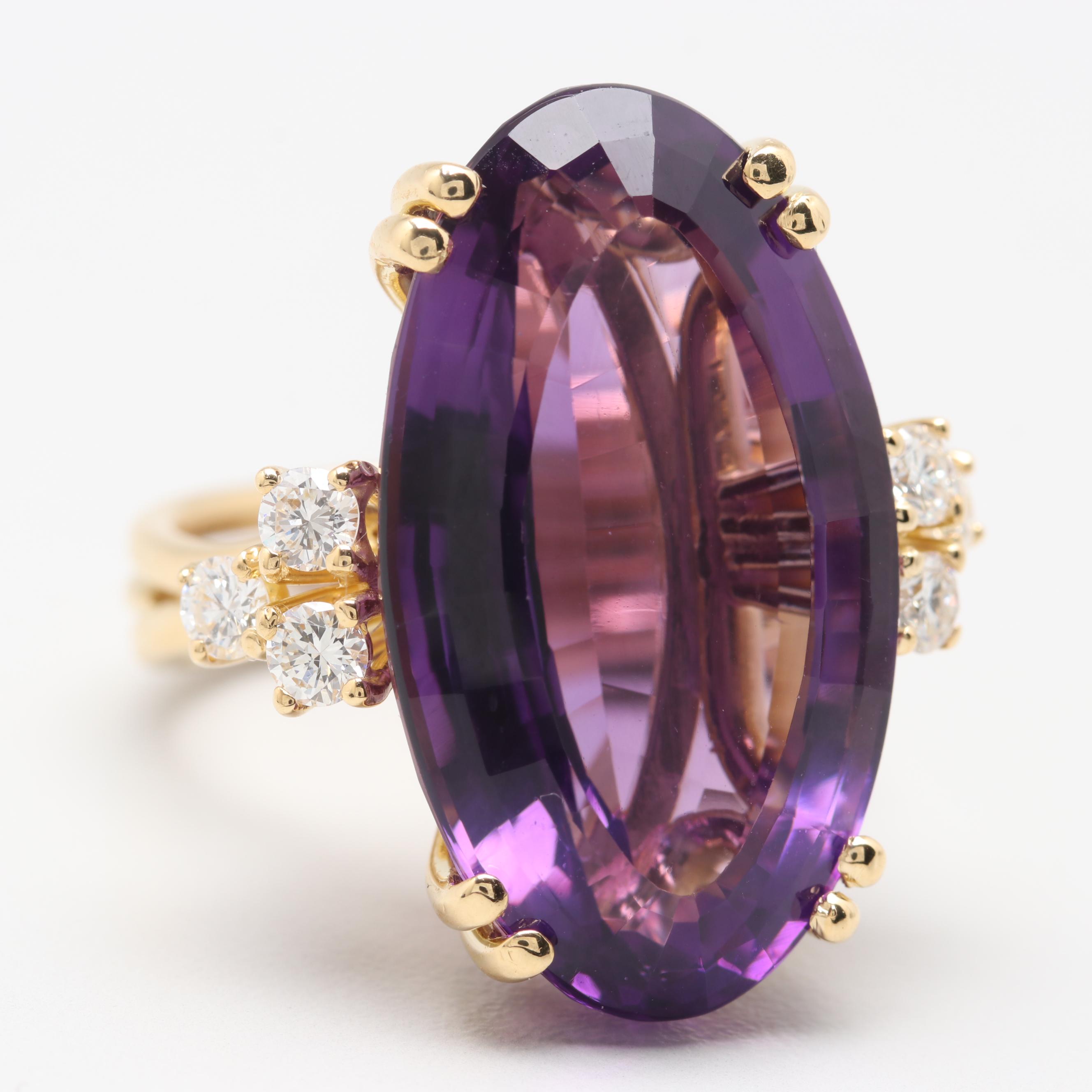 18K Yellow Gold 20.01 CT Amethyst and Diamond Ring