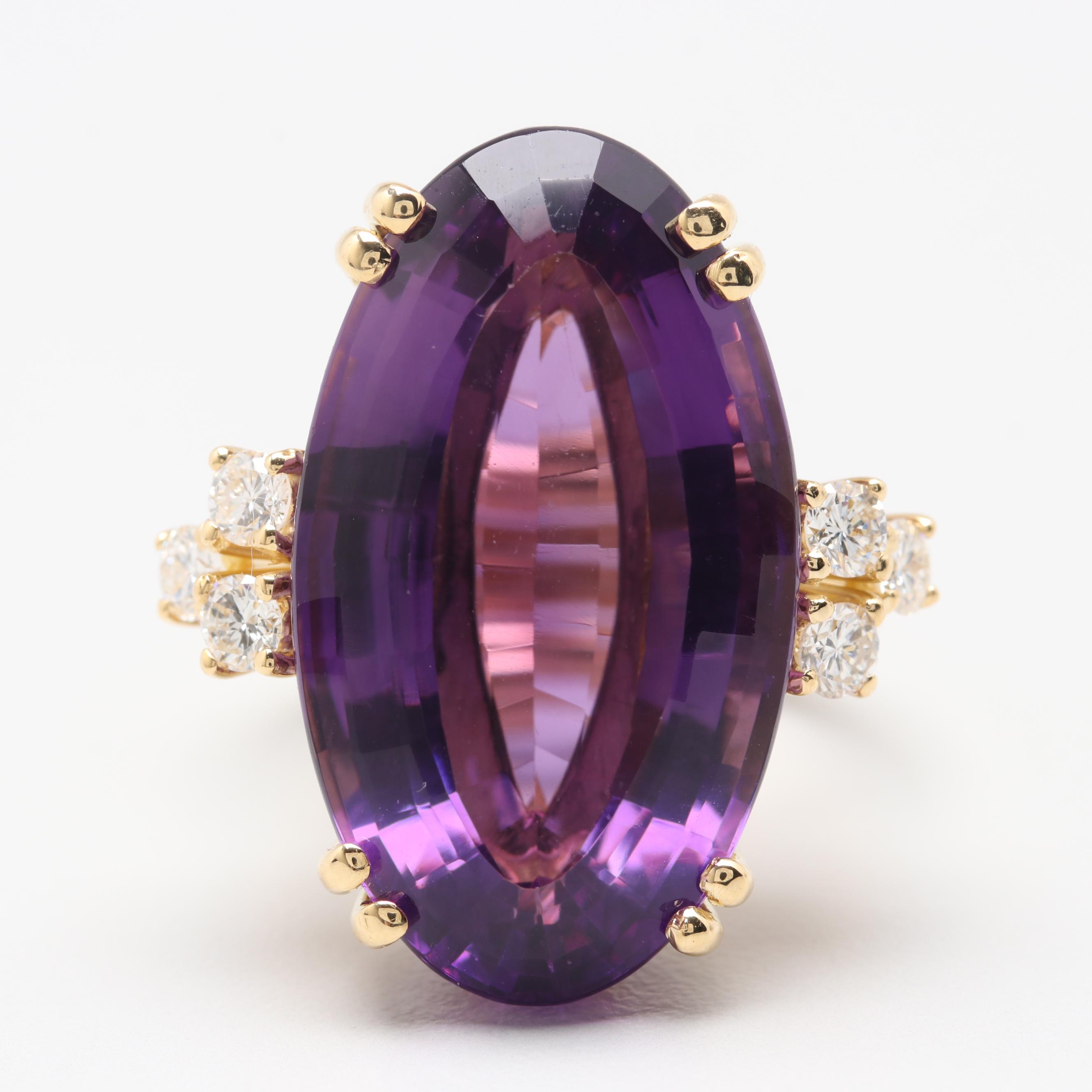 18K Yellow Gold 20.01 CT Amethyst and Diamond Ring