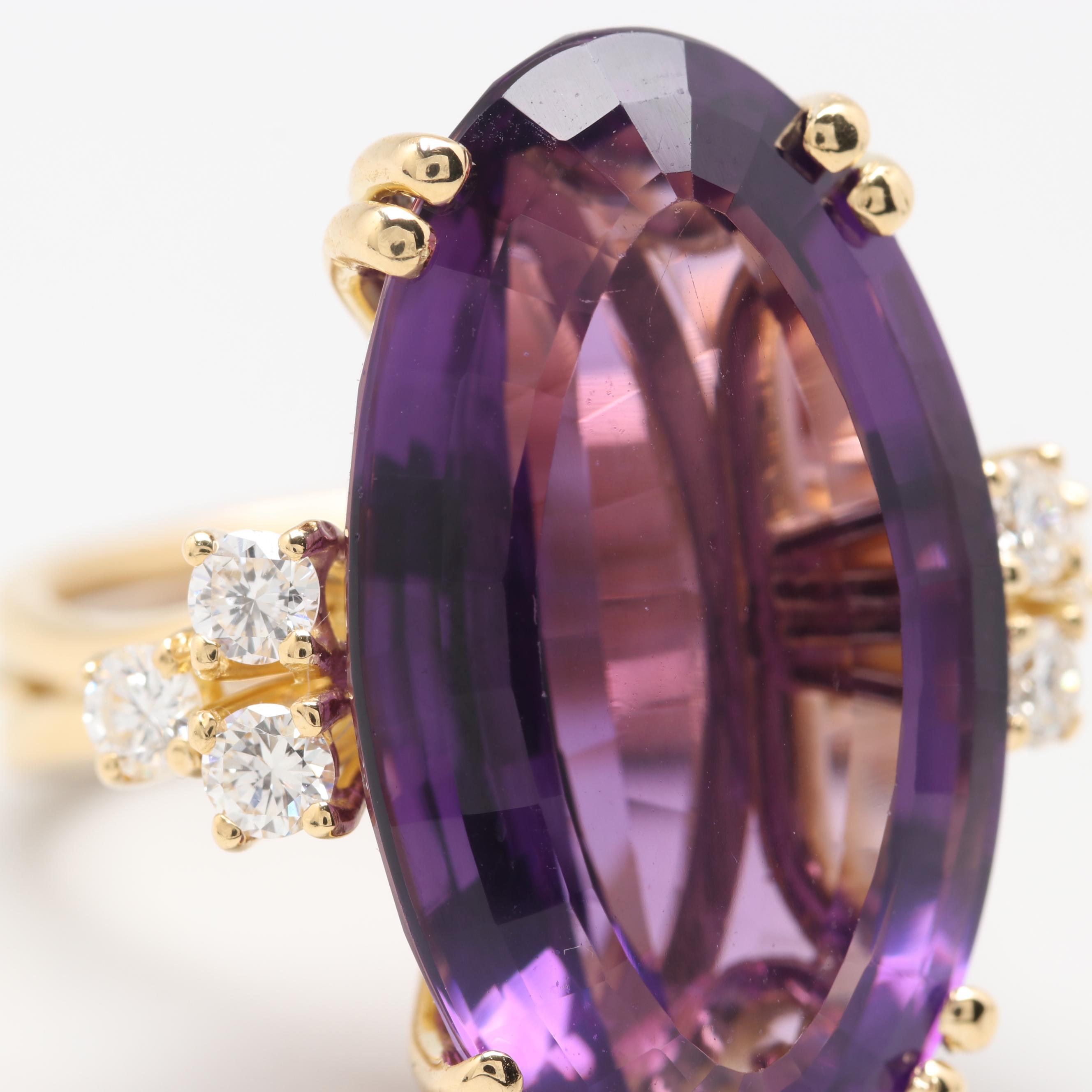 18K Yellow Gold 20.01 CT Amethyst and Diamond Ring