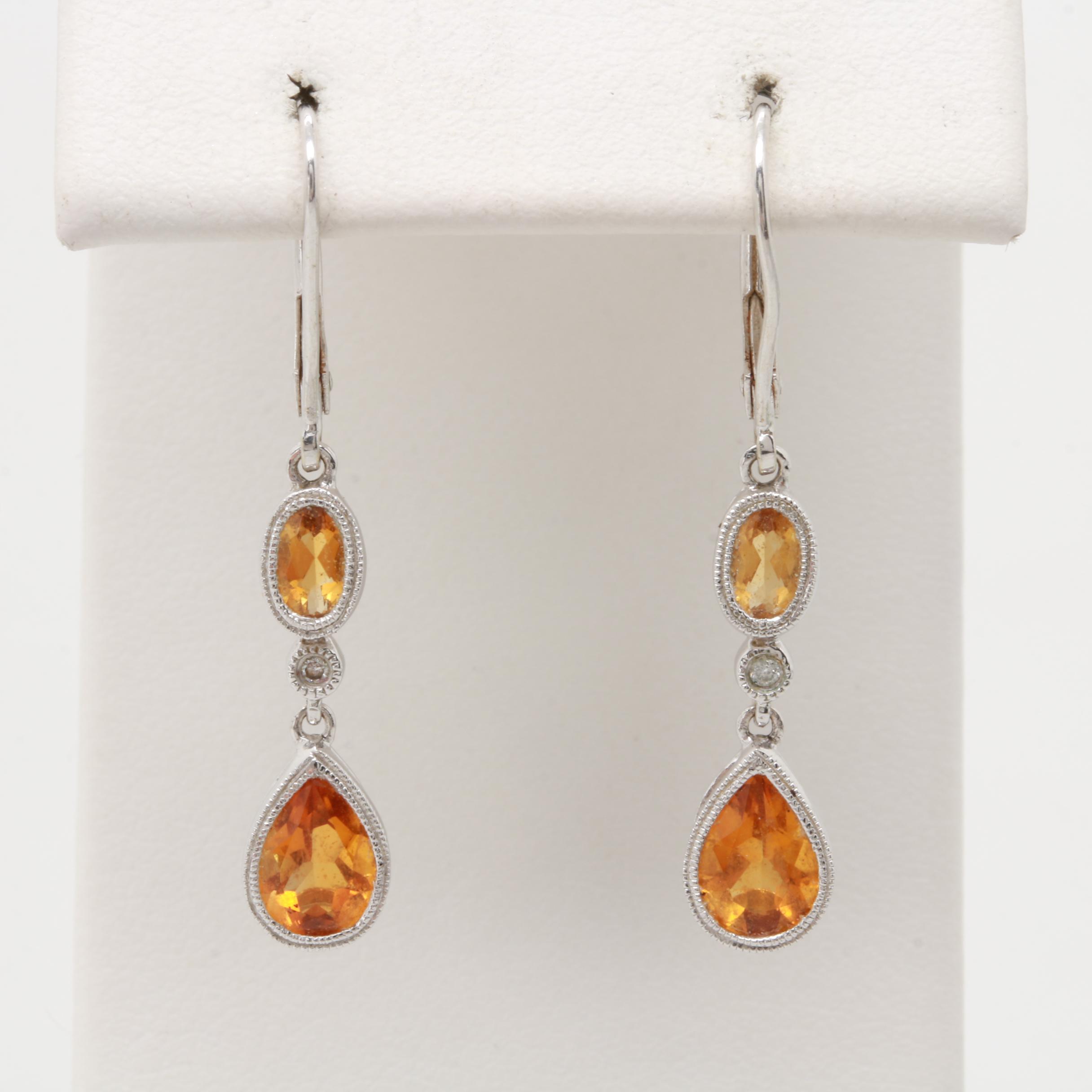 14K White Gold Citrine and Diamond Dangle Earrings