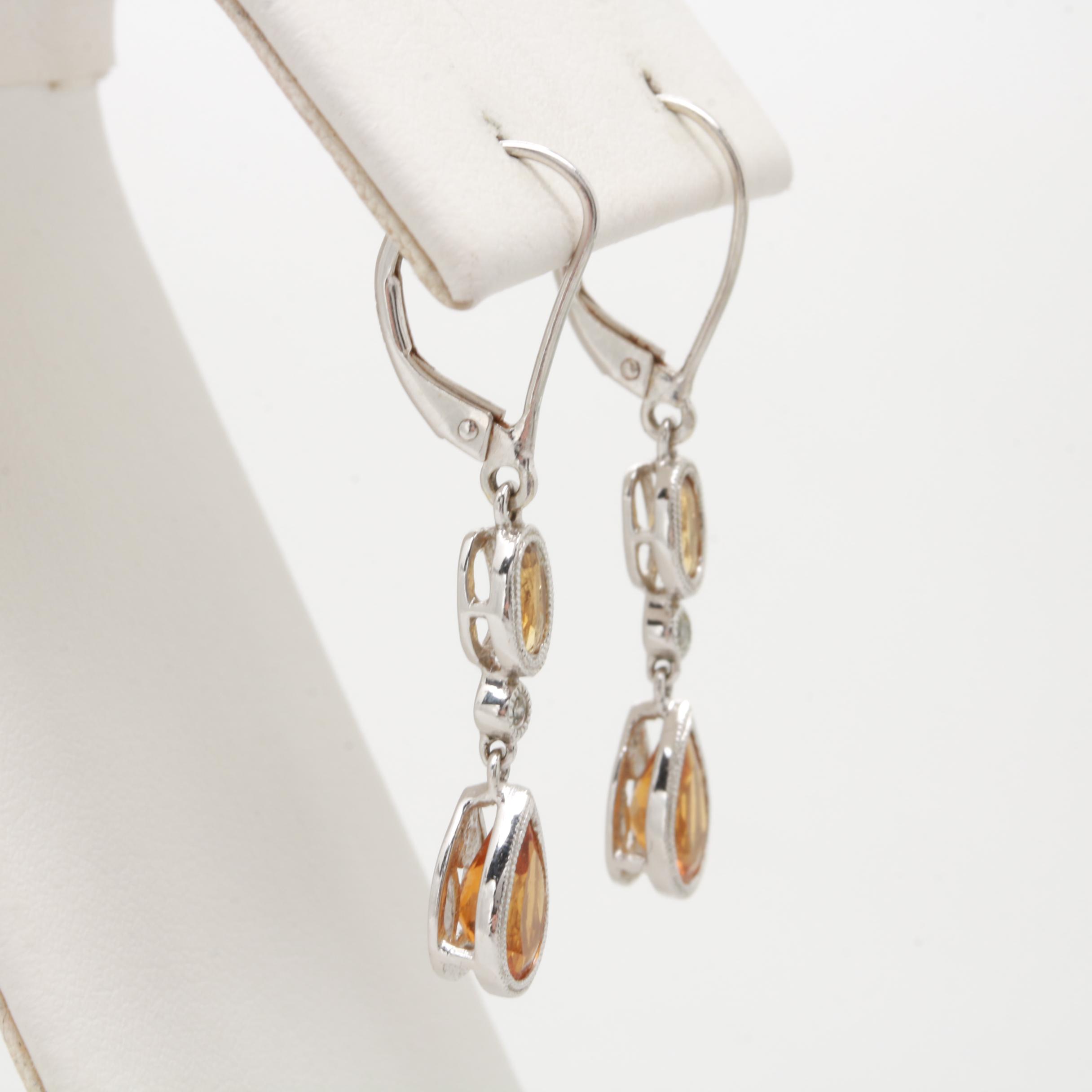 14K White Gold Citrine and Diamond Dangle Earrings
