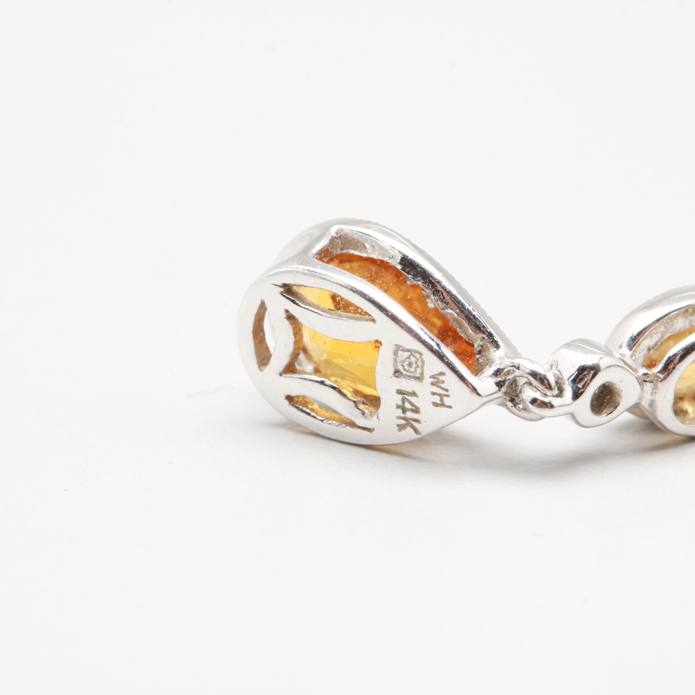14K White Gold Citrine and Diamond Dangle Earrings