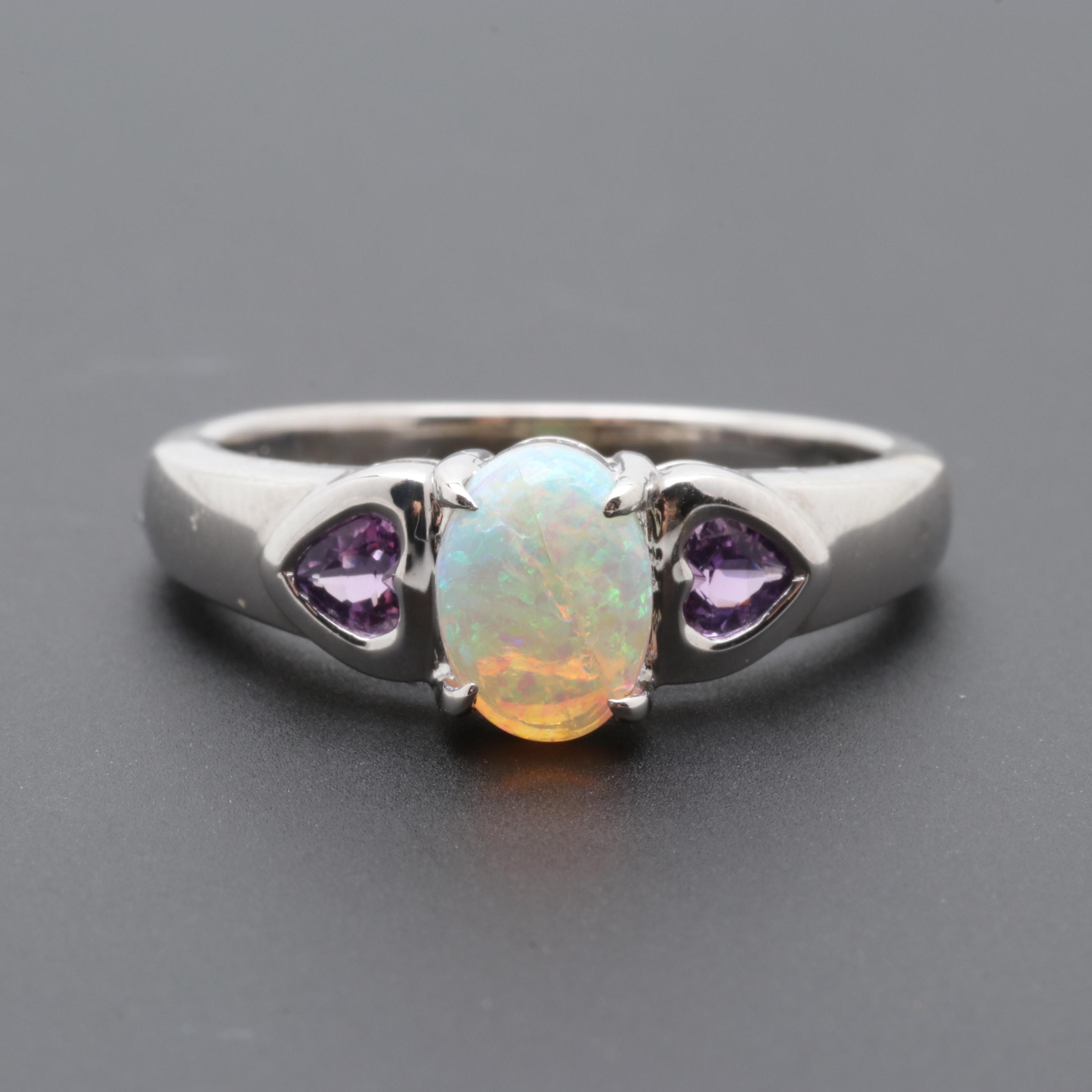 10K White Gold Opal and Amethyst Ring