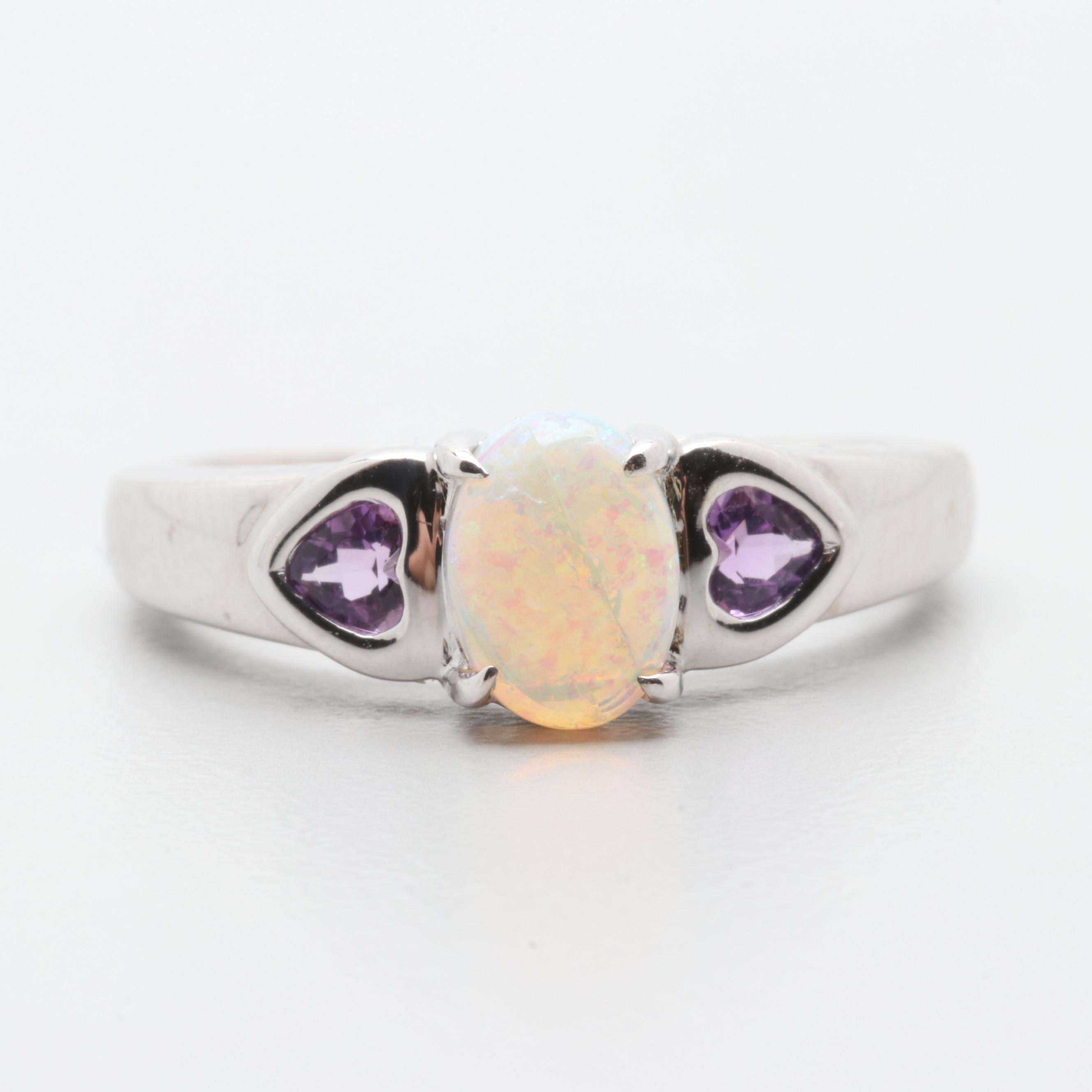 10K White Gold Opal and Amethyst Ring