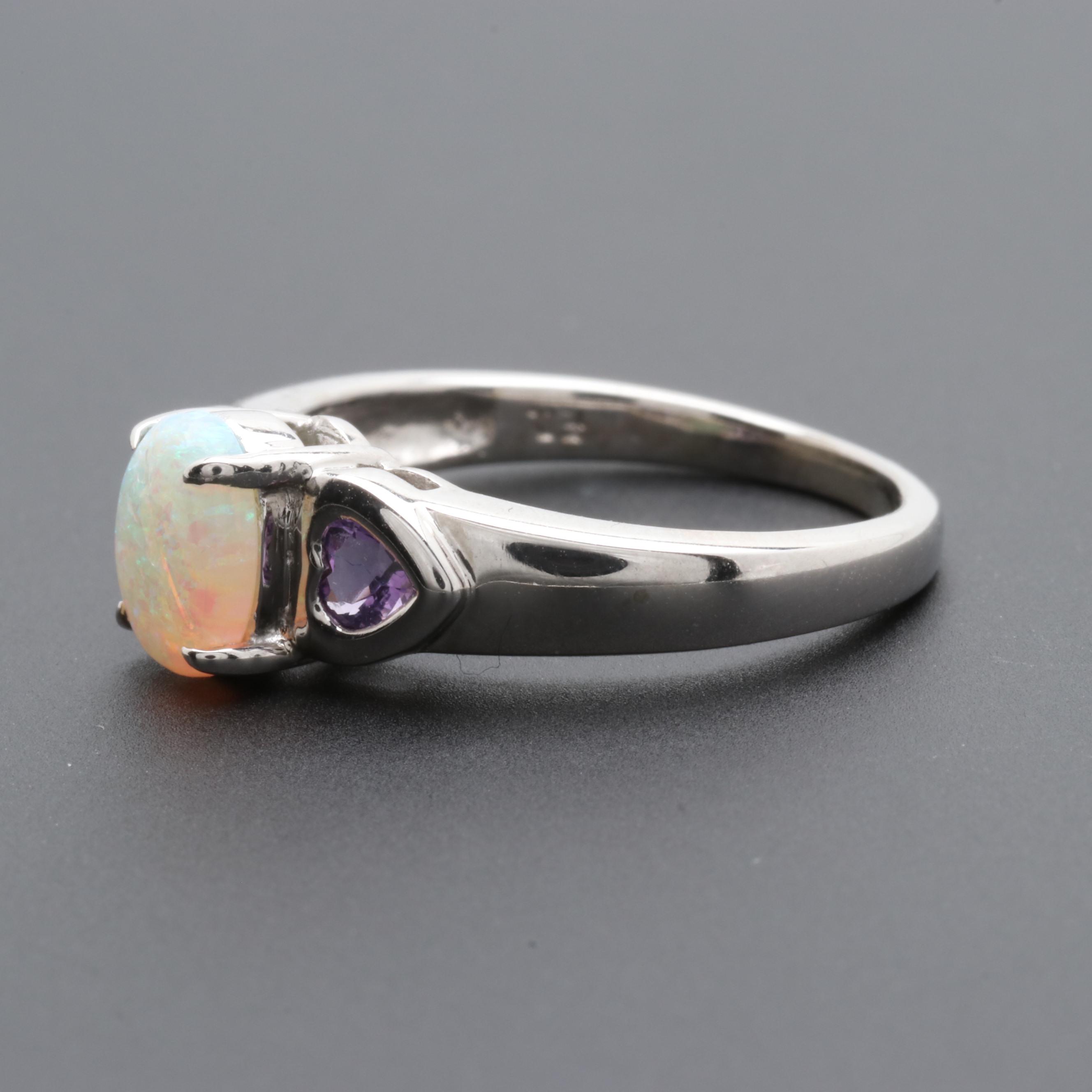 10K White Gold Opal and Amethyst Ring