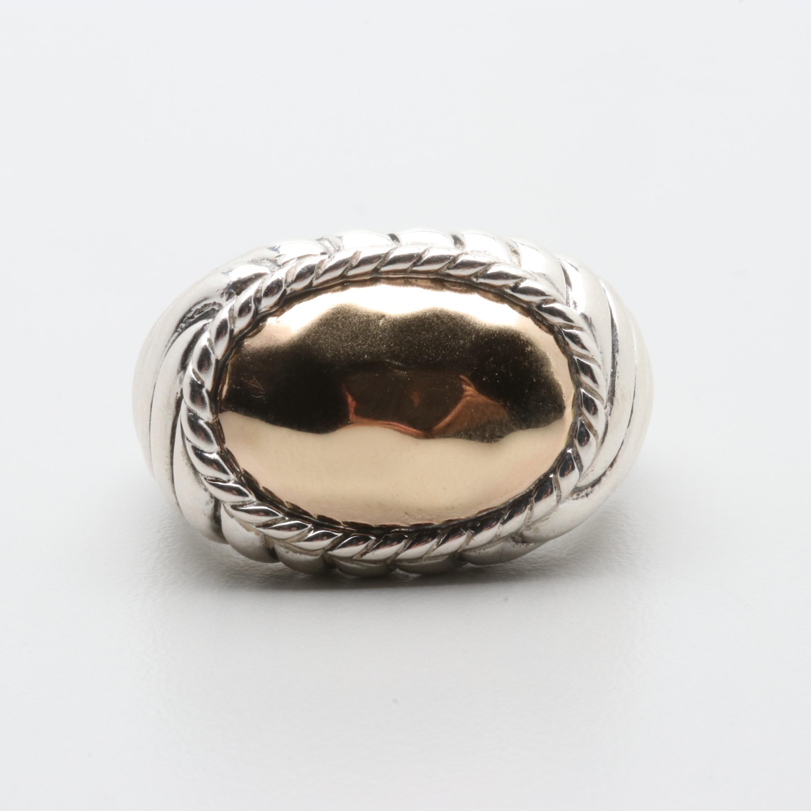Sterling Silver Textured Ring with a 14K Yellow Gold Center