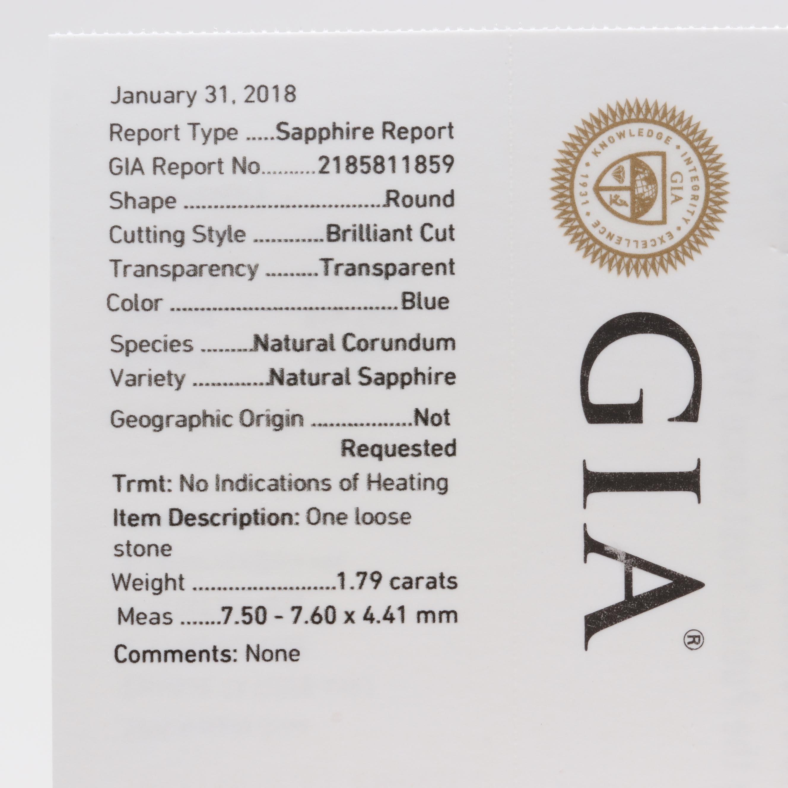 14K White Gold 1.79 CT Untreated Blue Sapphire and Diamond Ring with GIA Report