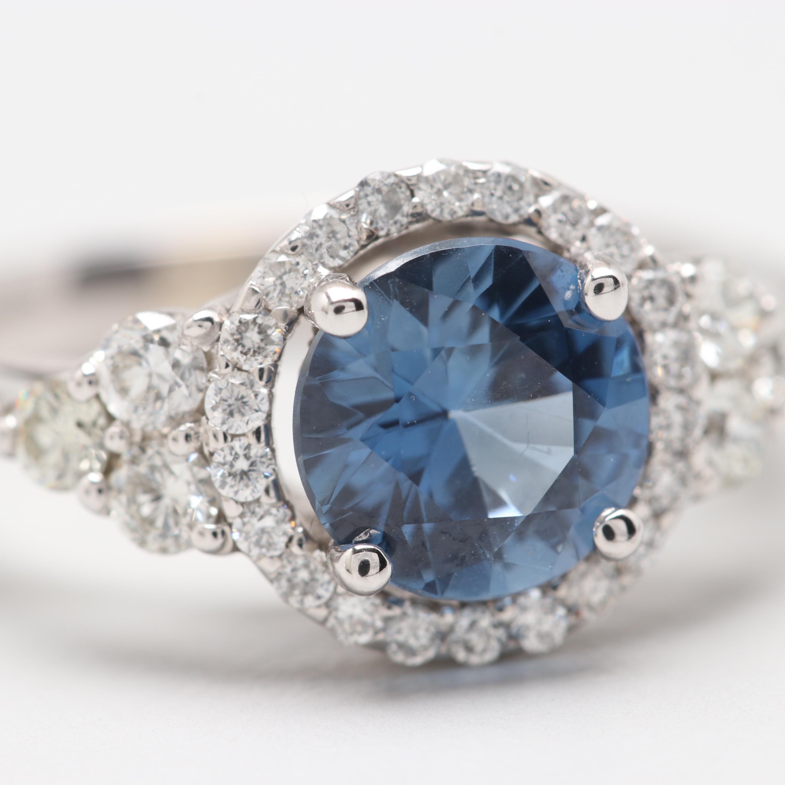 14K White Gold 1.79 CT Untreated Blue Sapphire and Diamond Ring with GIA Report