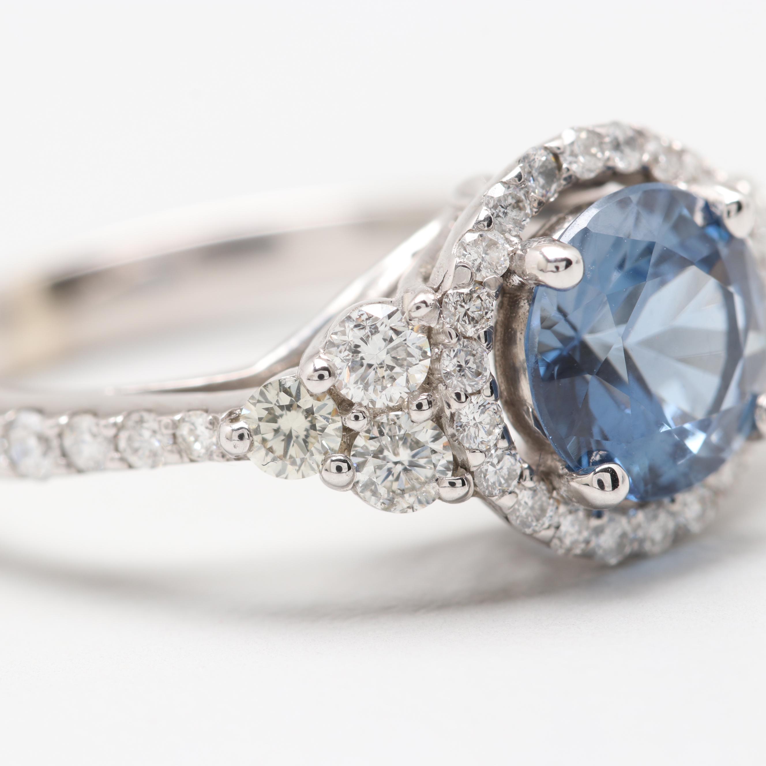 14K White Gold 1.79 CT Untreated Blue Sapphire and Diamond Ring with GIA Report