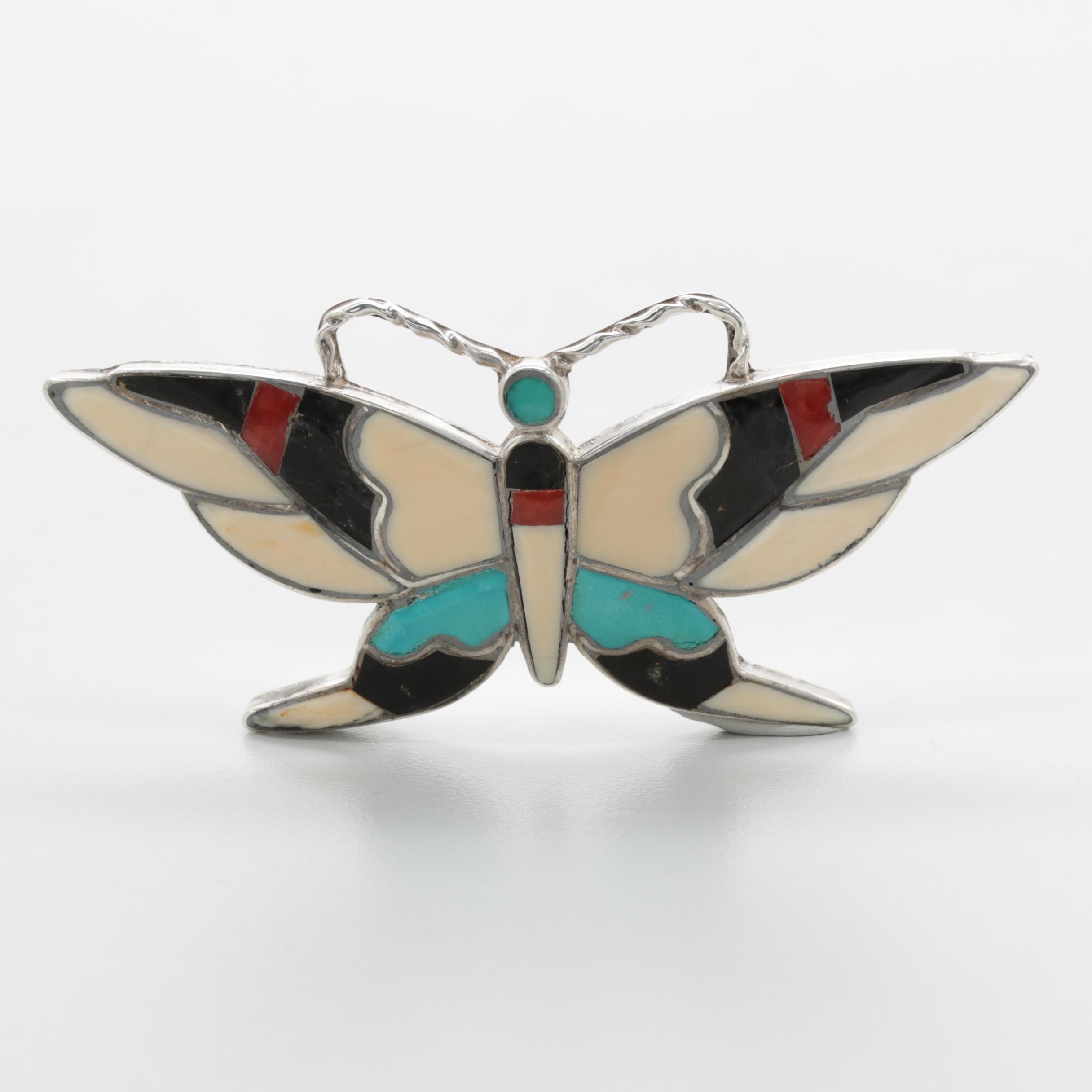 Sterling Silver Signed Turquoise, Coral, and Black Onyx Inlay Butterfly Brooch