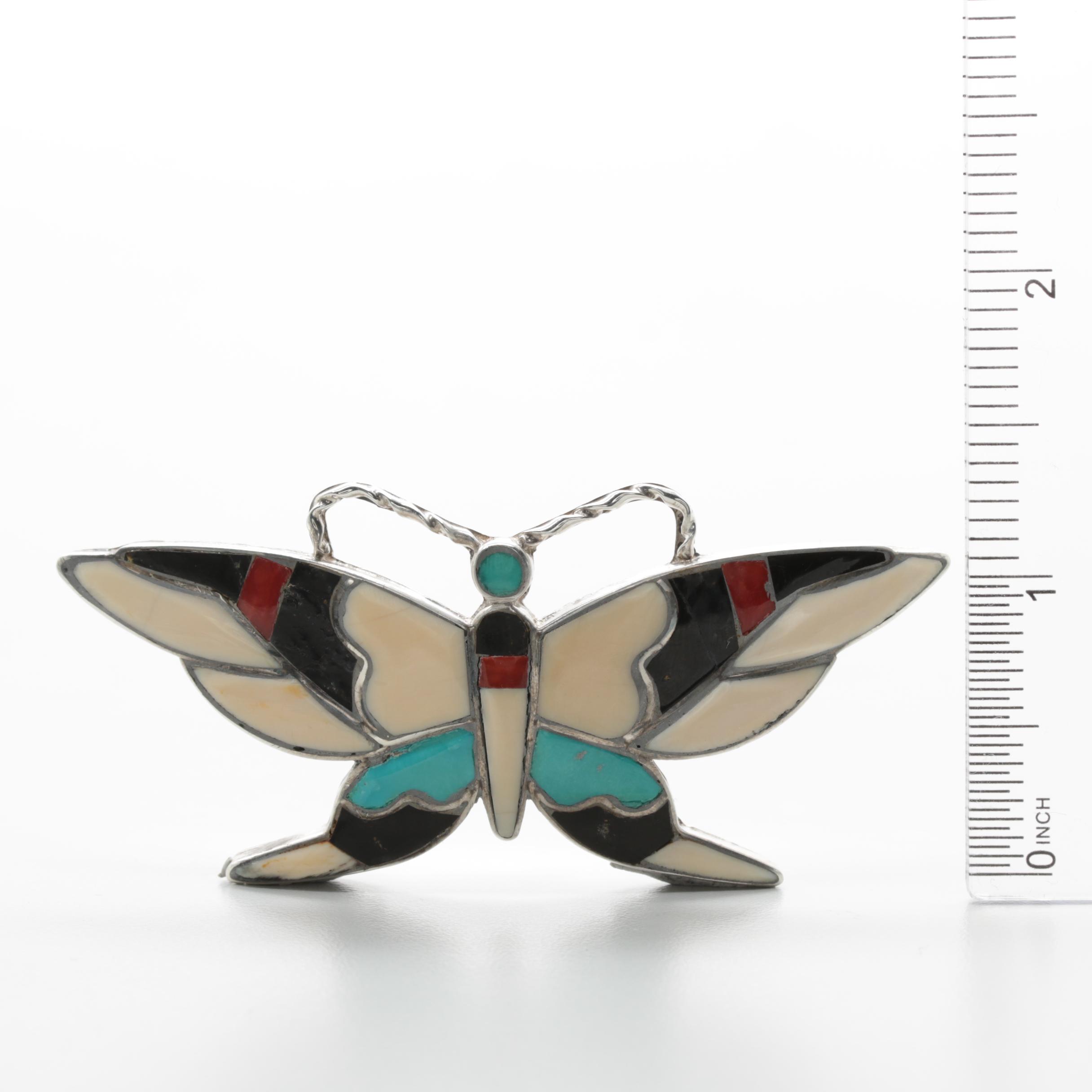 Sterling Silver Signed Turquoise, Coral, and Black Onyx Inlay Butterfly Brooch