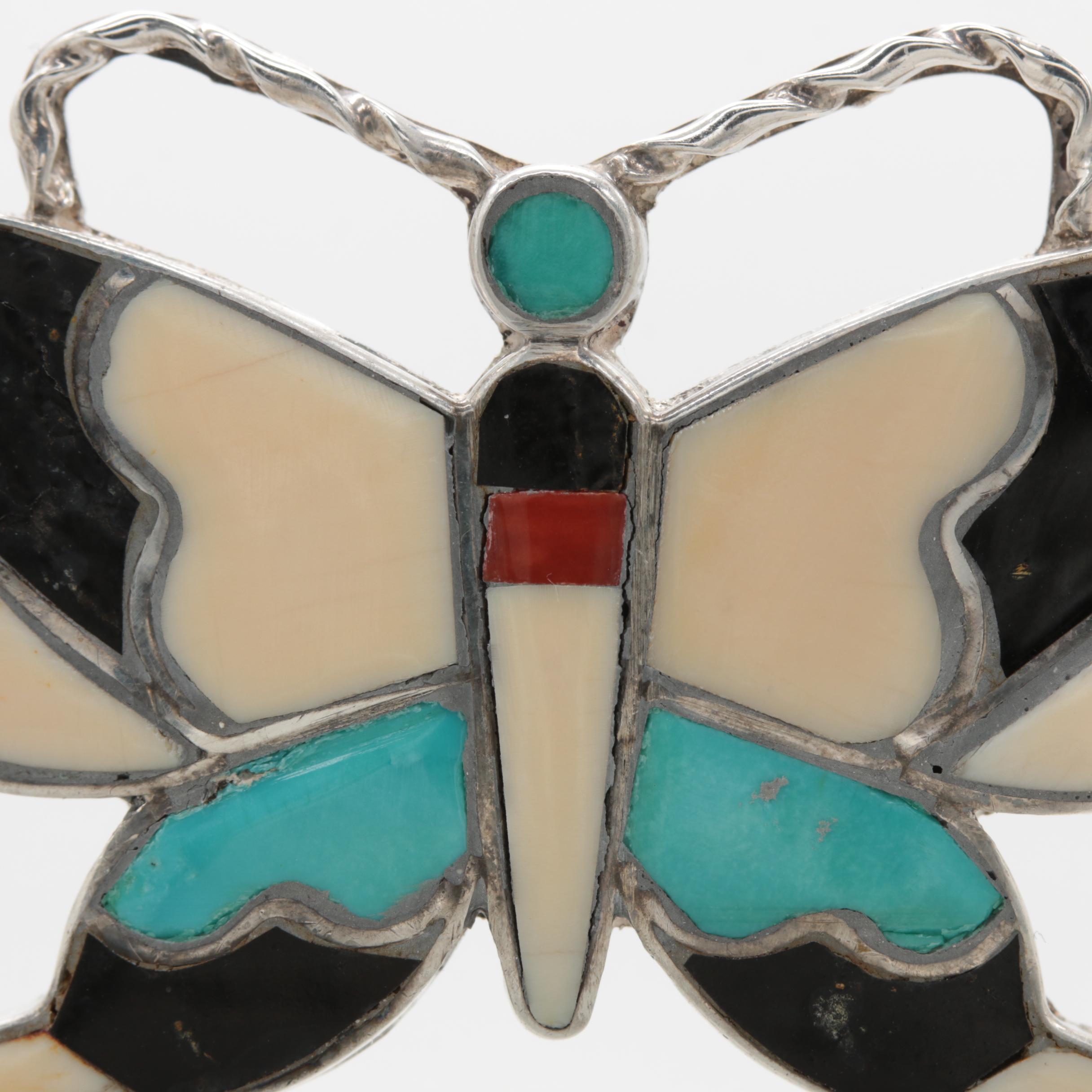 Sterling Silver Signed Turquoise, Coral, and Black Onyx Inlay Butterfly Brooch