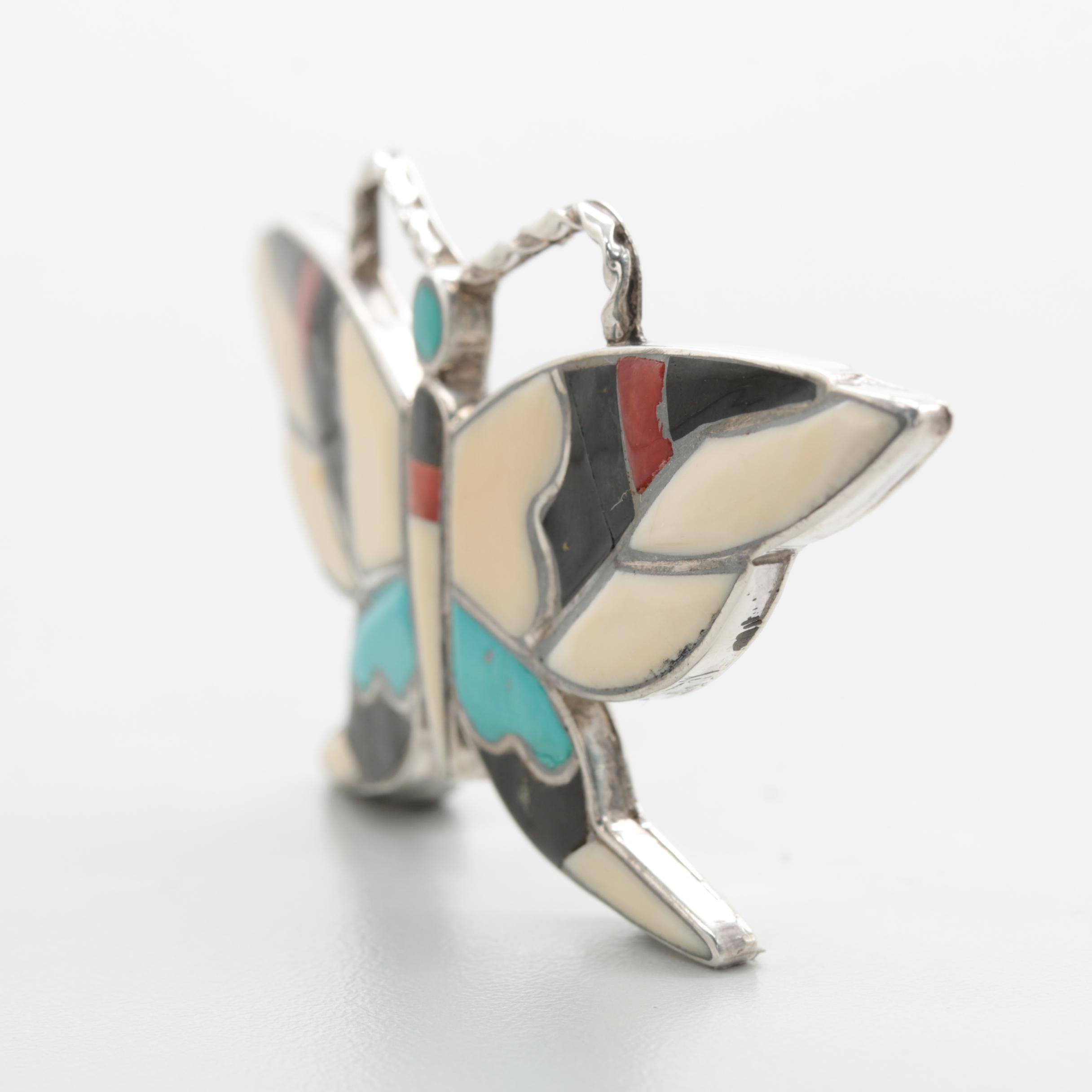 Sterling Silver Signed Turquoise, Coral, and Black Onyx Inlay Butterfly Brooch